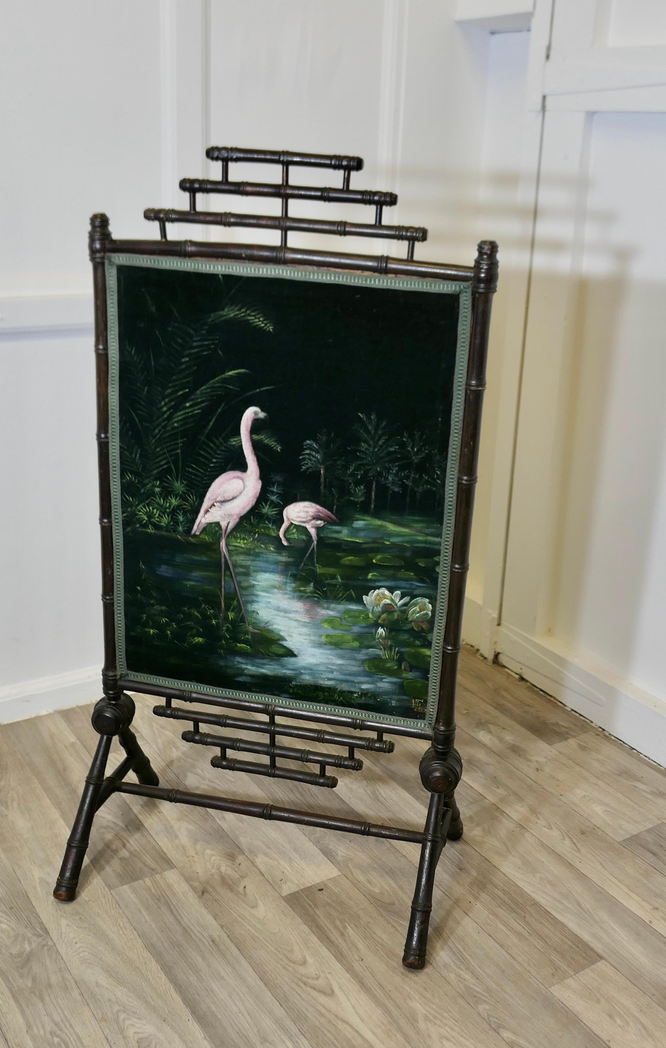 Black Lacquer Oriental Fire Screen, Painted with Flamingos
 
A superb black Lacquer Chinoiserie Fire Screen, with a velvet panel painted with Flamingos and waterlilies in a forest water scene, the panel is signed 
The fire screen is 39” high, 21”