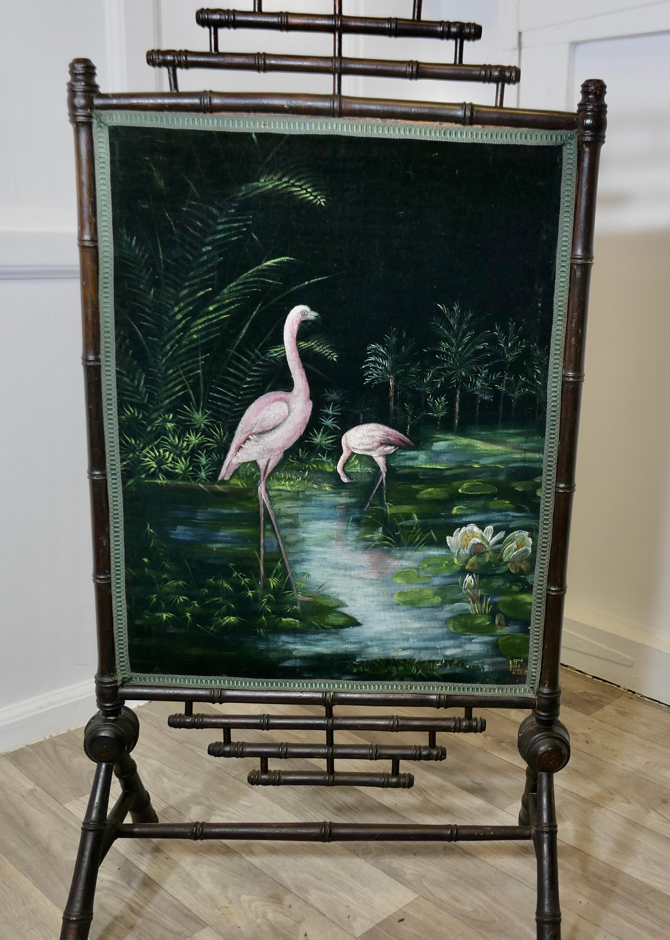 Chinoiserie Black Lacquer Oriental Fire Screen, Painted with Flamingos For Sale