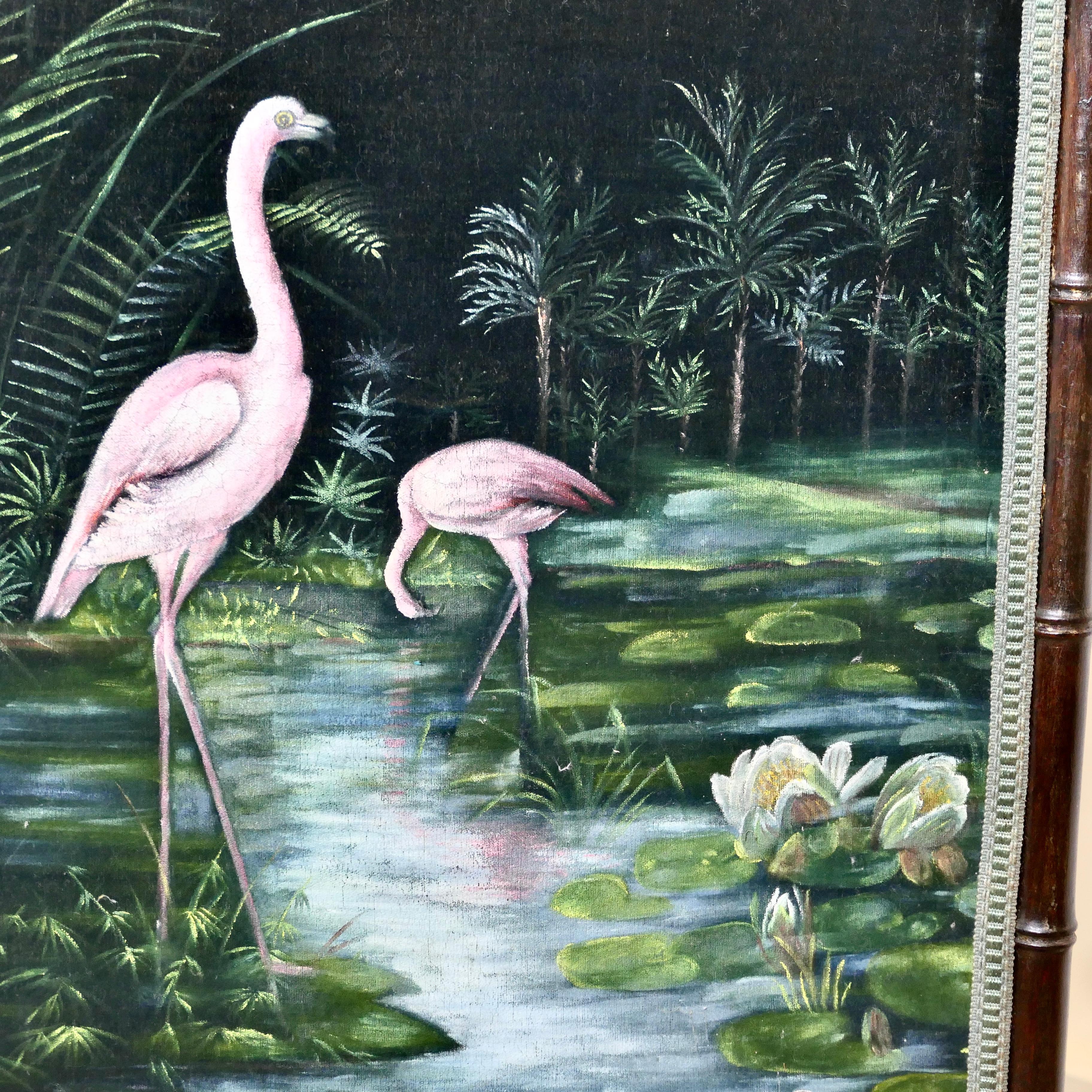 Black Lacquer Oriental Fire Screen, Painted with Flamingos In Good Condition For Sale In Godshill, Isle of Wight