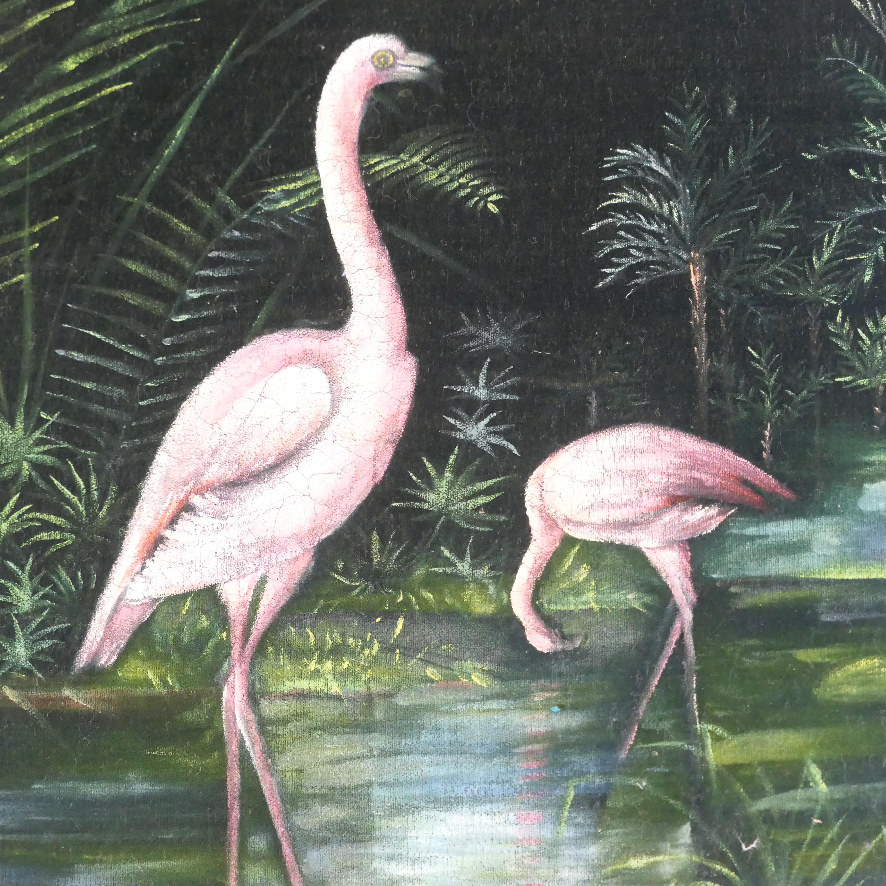 Velvet Black Lacquer Oriental Fire Screen, Painted with Flamingos For Sale