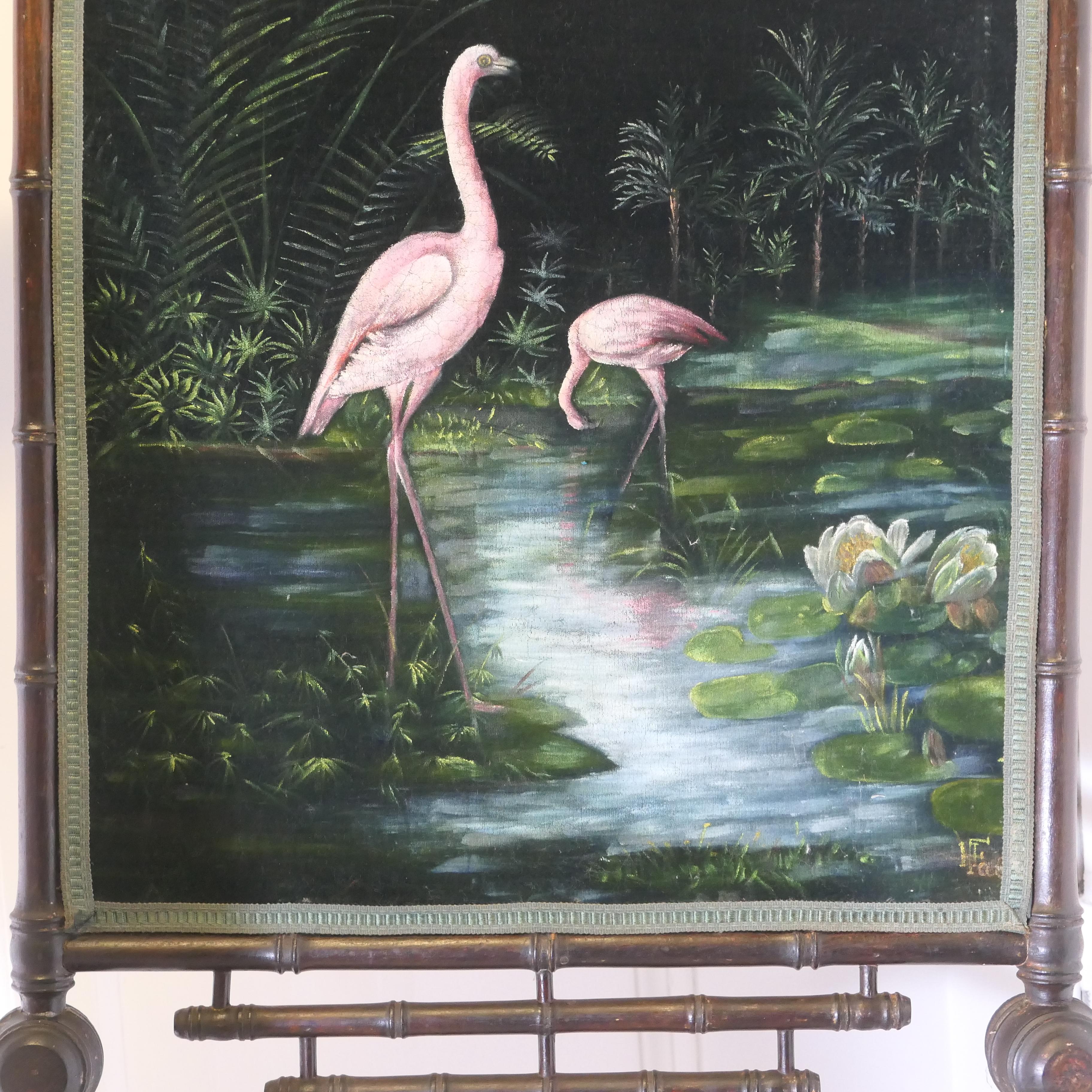 Black Lacquer Oriental Fire Screen, Painted with Flamingos For Sale 1