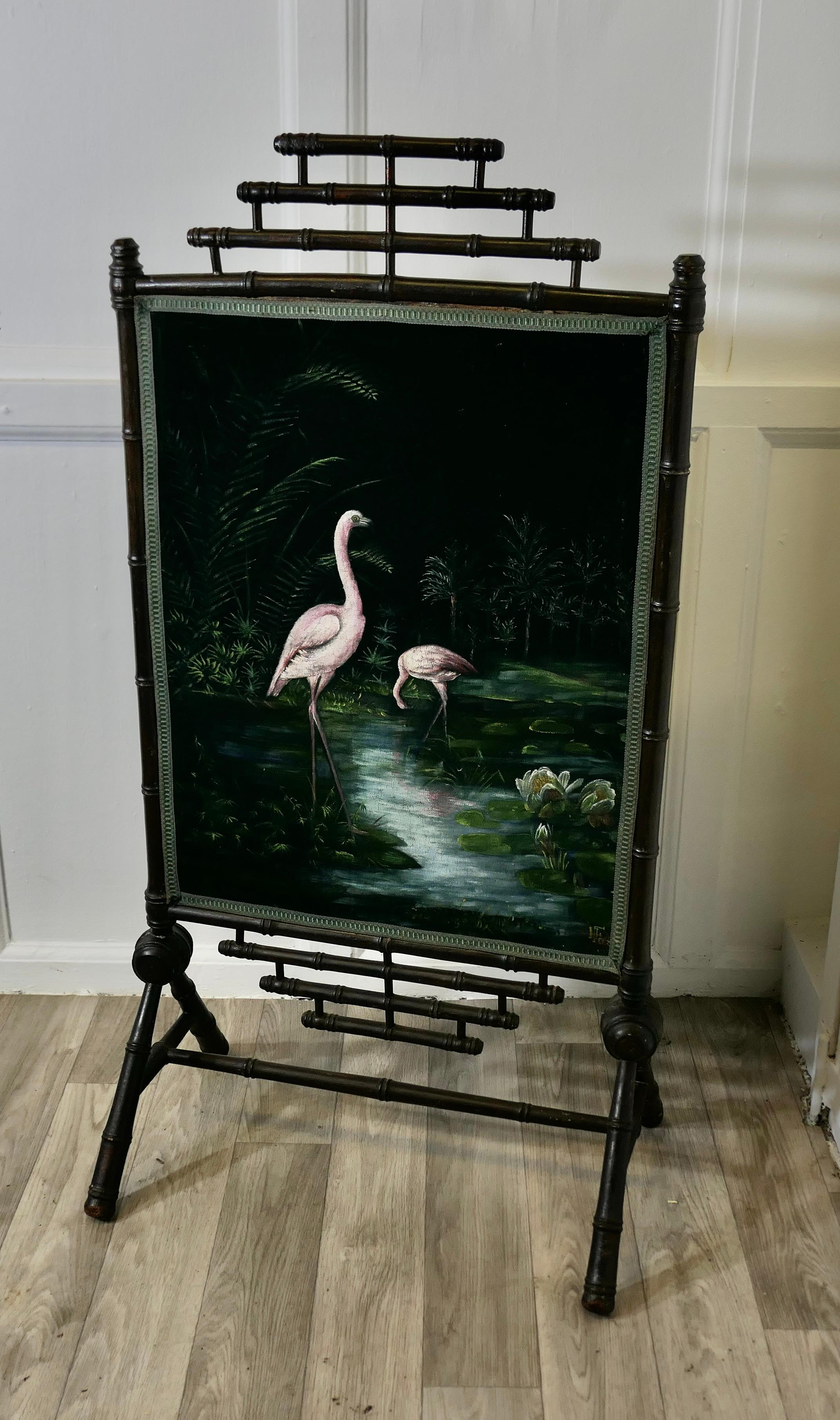 Black Lacquer Oriental Fire Screen, Painted with Flamingos For Sale 3