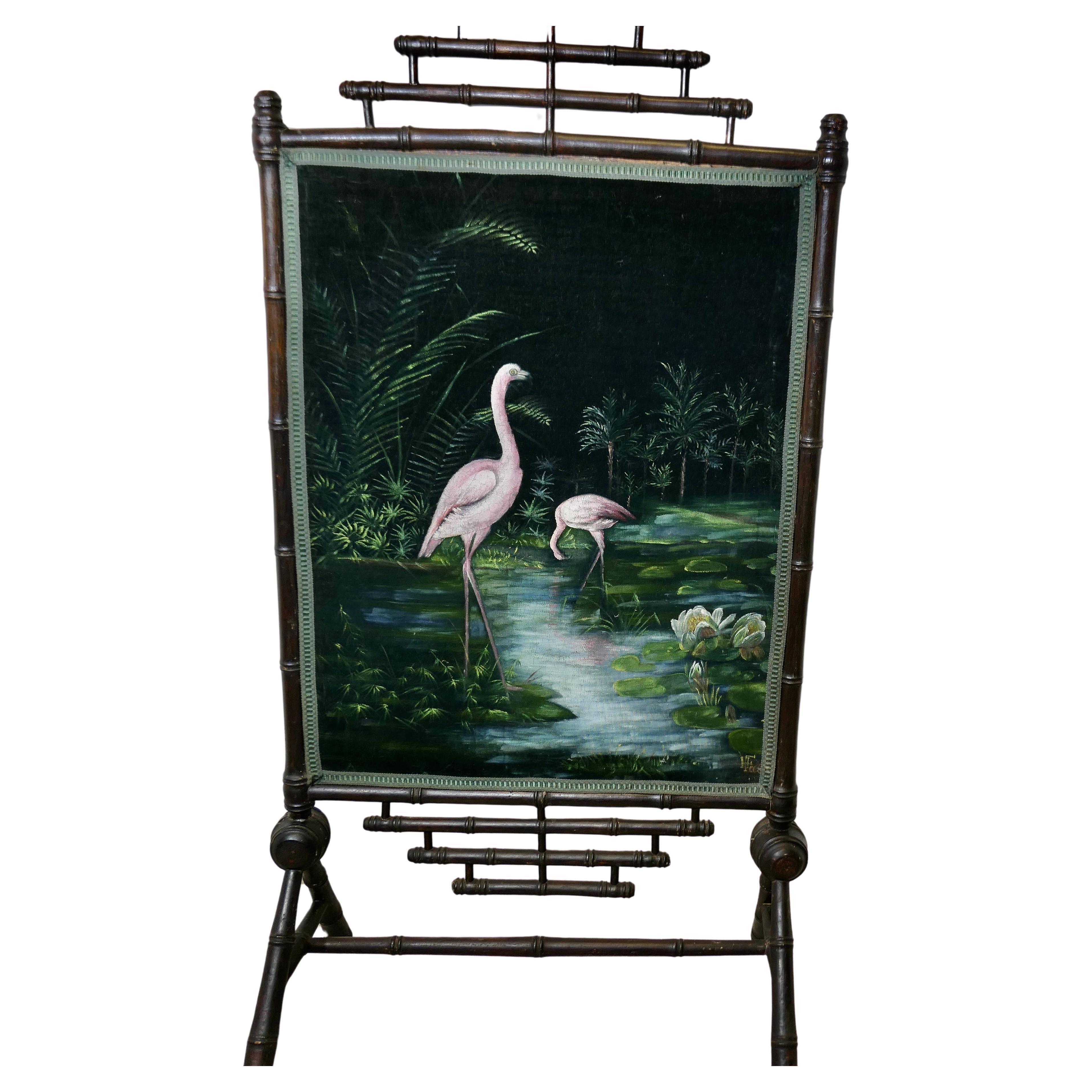 Black Lacquer Oriental Fire Screen, Painted with Flamingos For Sale