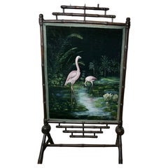 Antique Black Lacquer Oriental Fire Screen, Painted with Flamingos