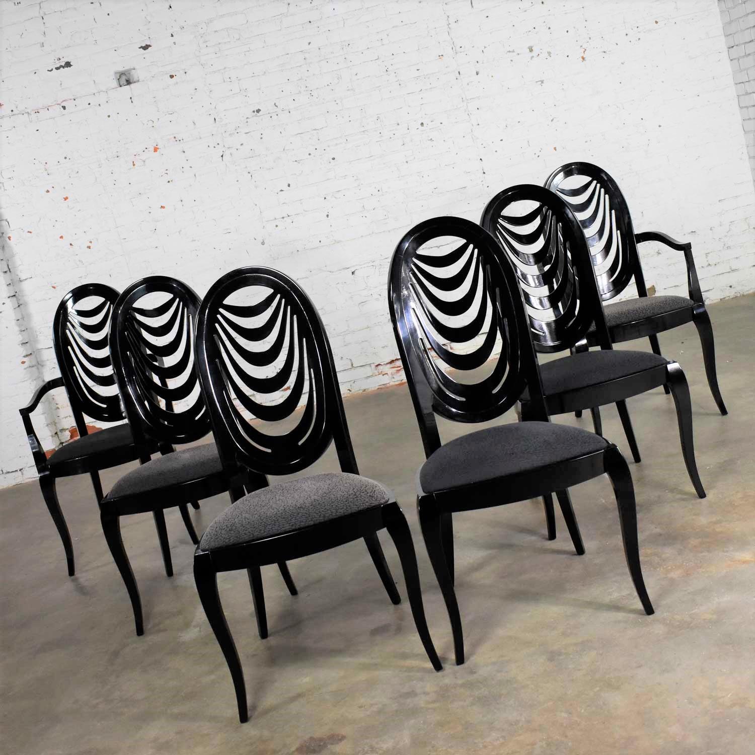 Hollywood Regency Black Lacquer Oval Drape Back Dining Chairs, Pietro Costantini for Ello Set of 6