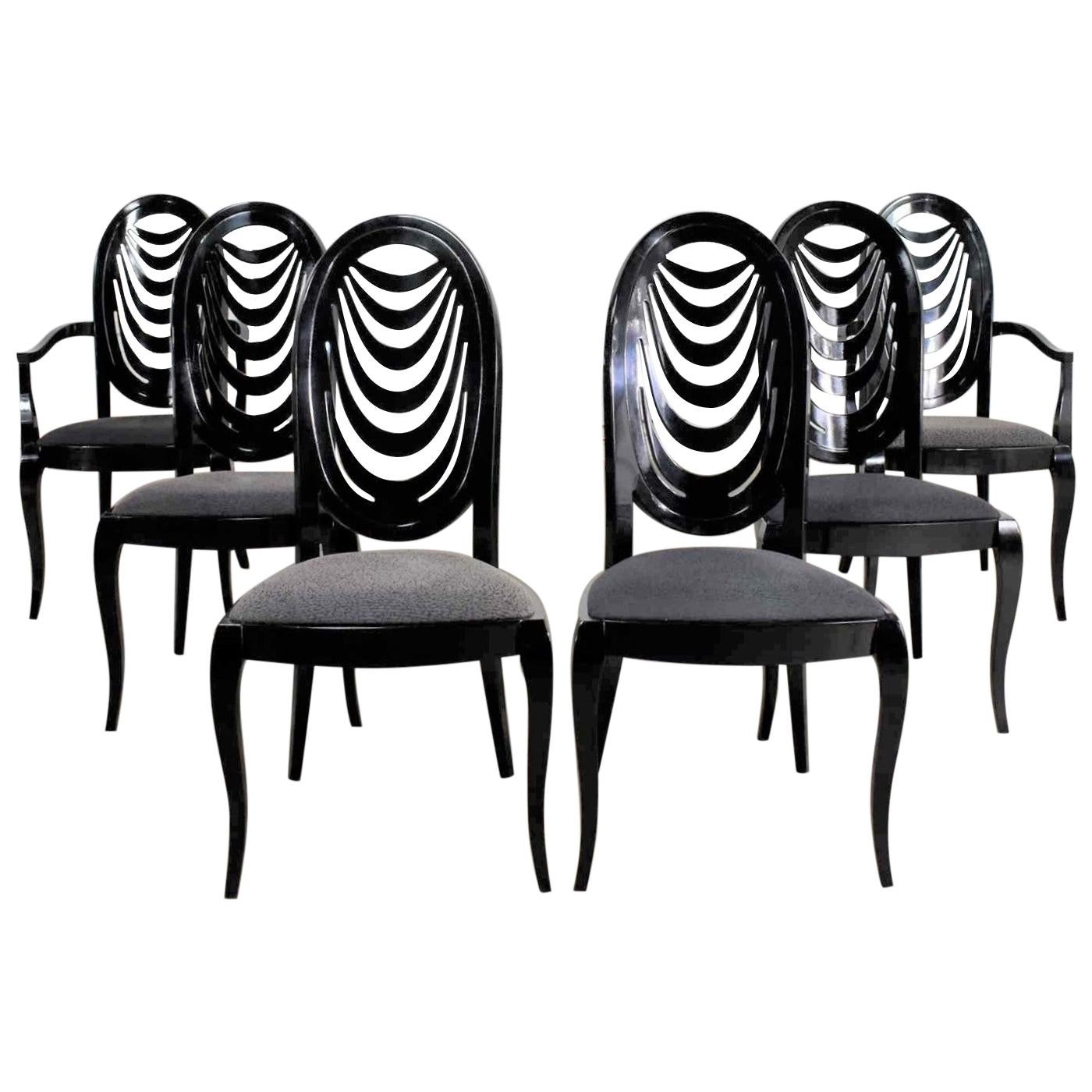 Black Lacquer Oval Drape Back Dining Chairs, Pietro Costantini for Ello Set of 6