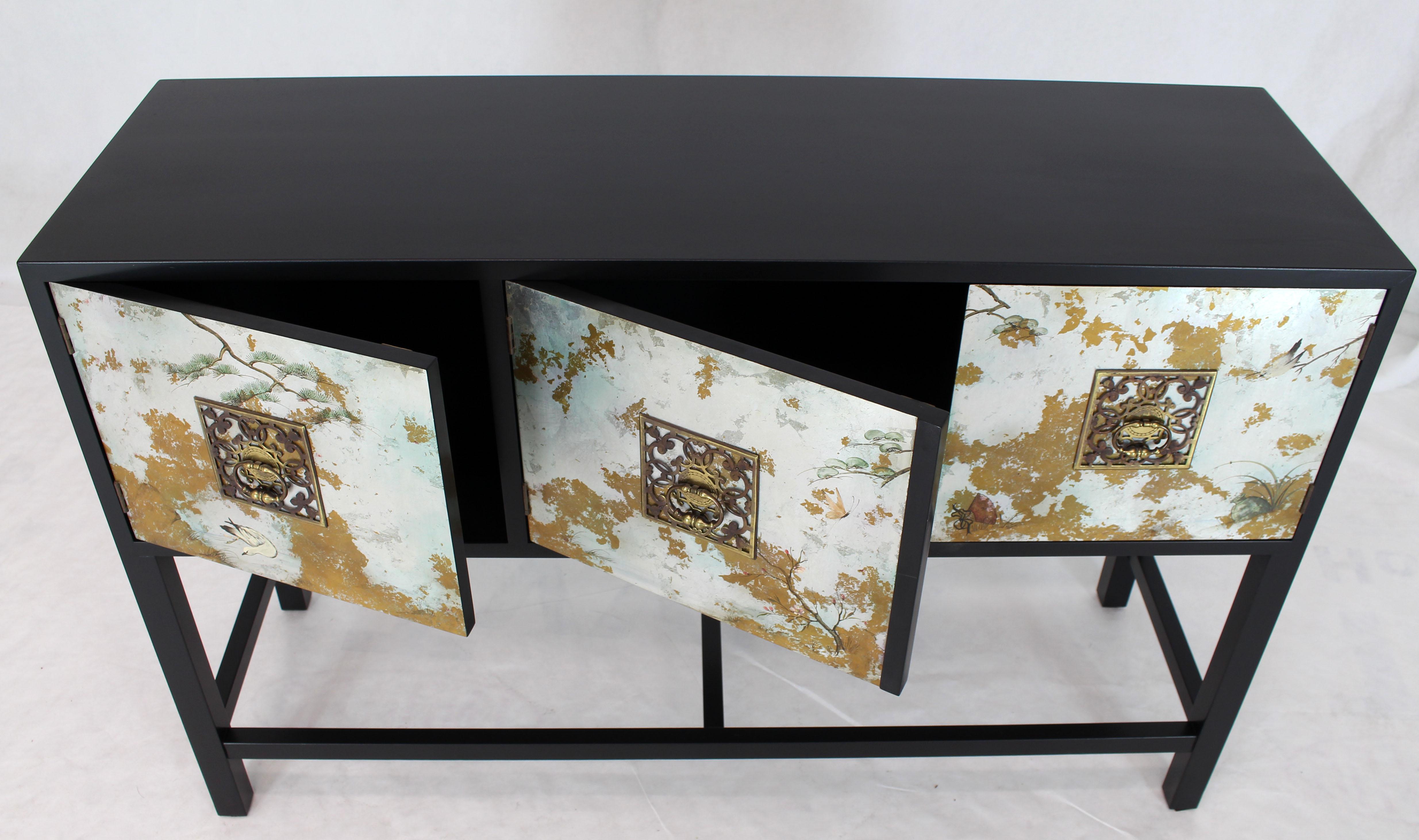 Mid-Century Modern three doors painted black and Perl lacquer petit credenza cabinet console hall entry table.