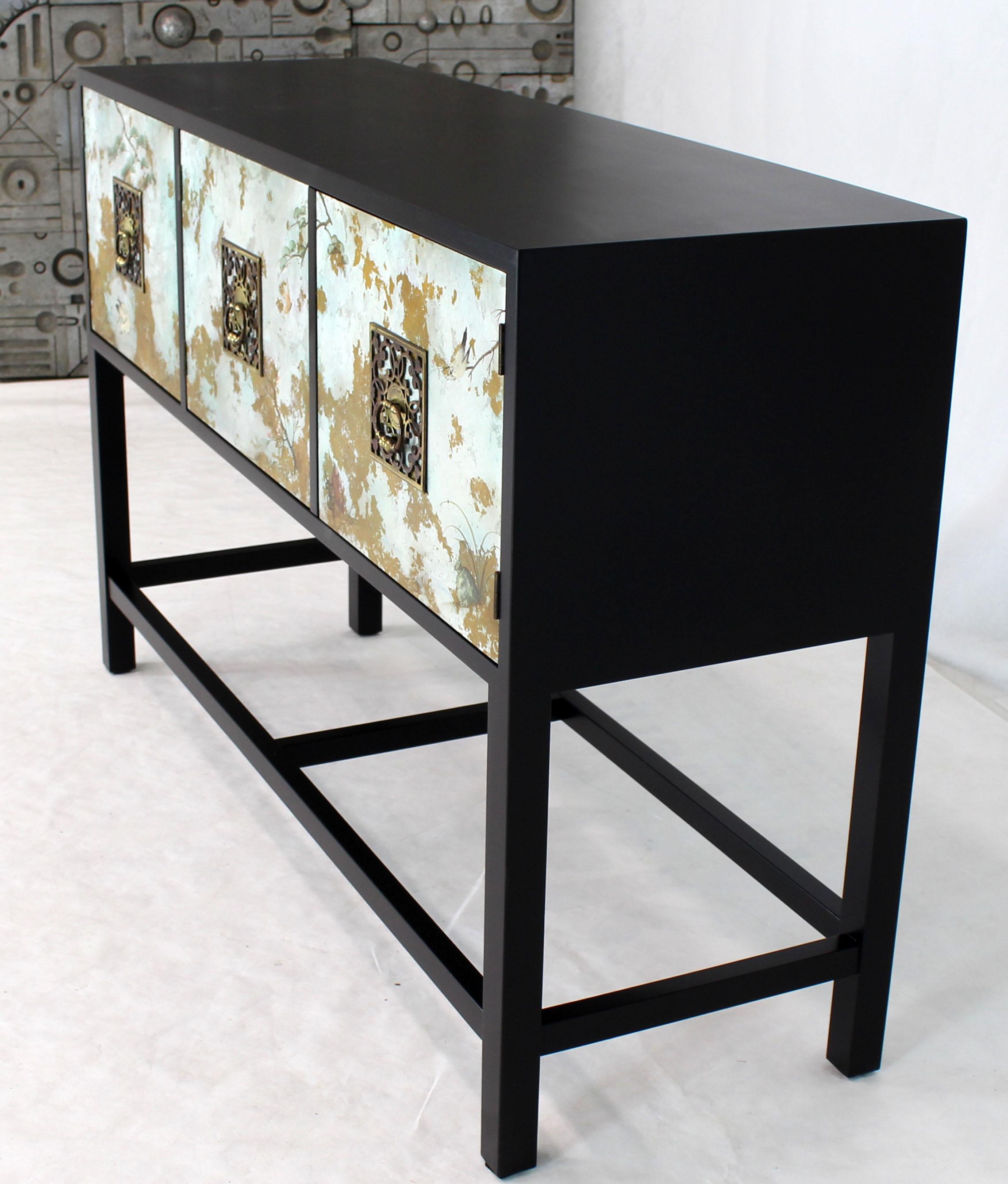 Mid-Century Modern Black Lacquer Painted Decorated Three Doors Small Credenza Brass Pulls