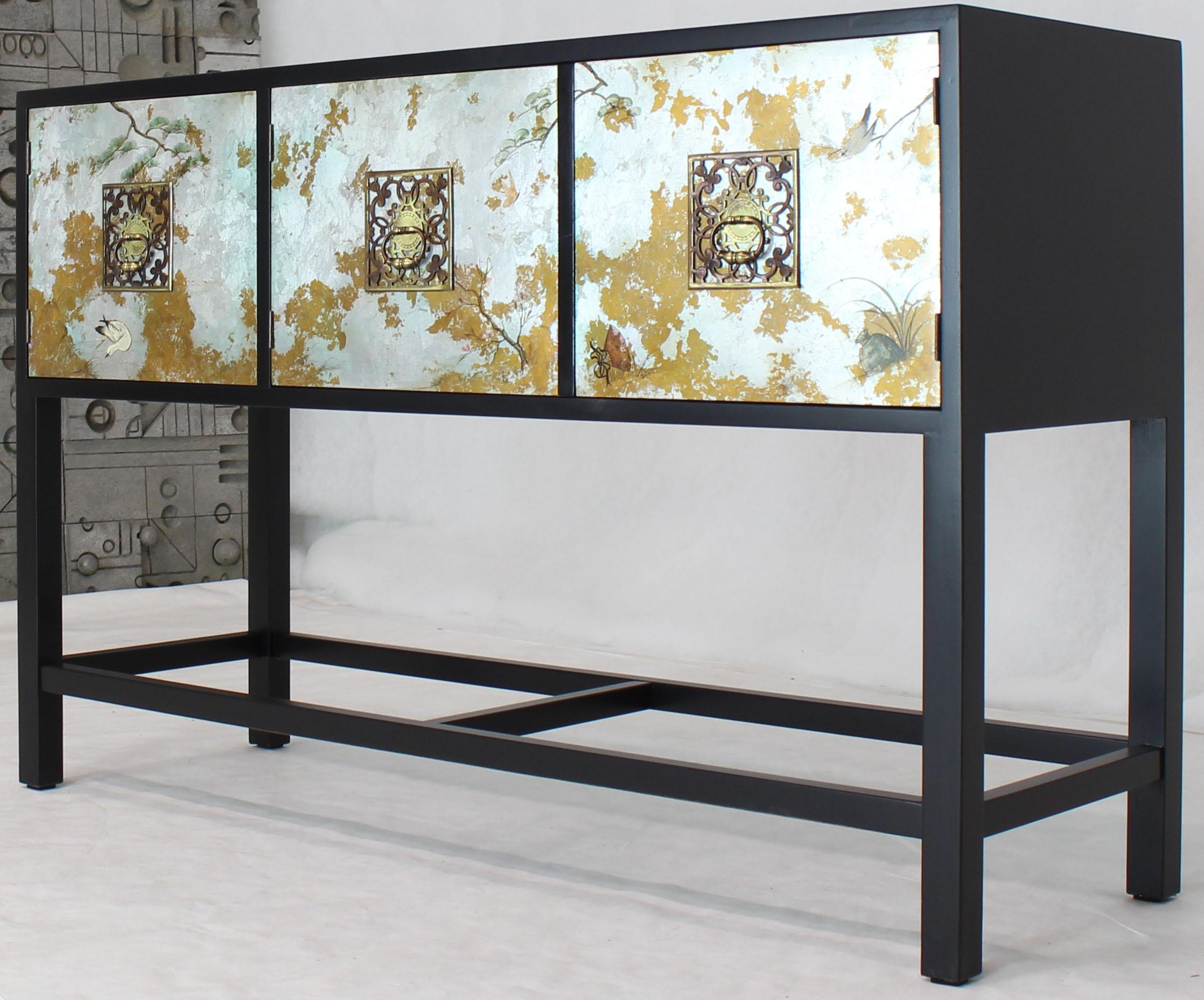 Black Lacquer Painted Decorated Three Doors Small Credenza Brass Pulls 2