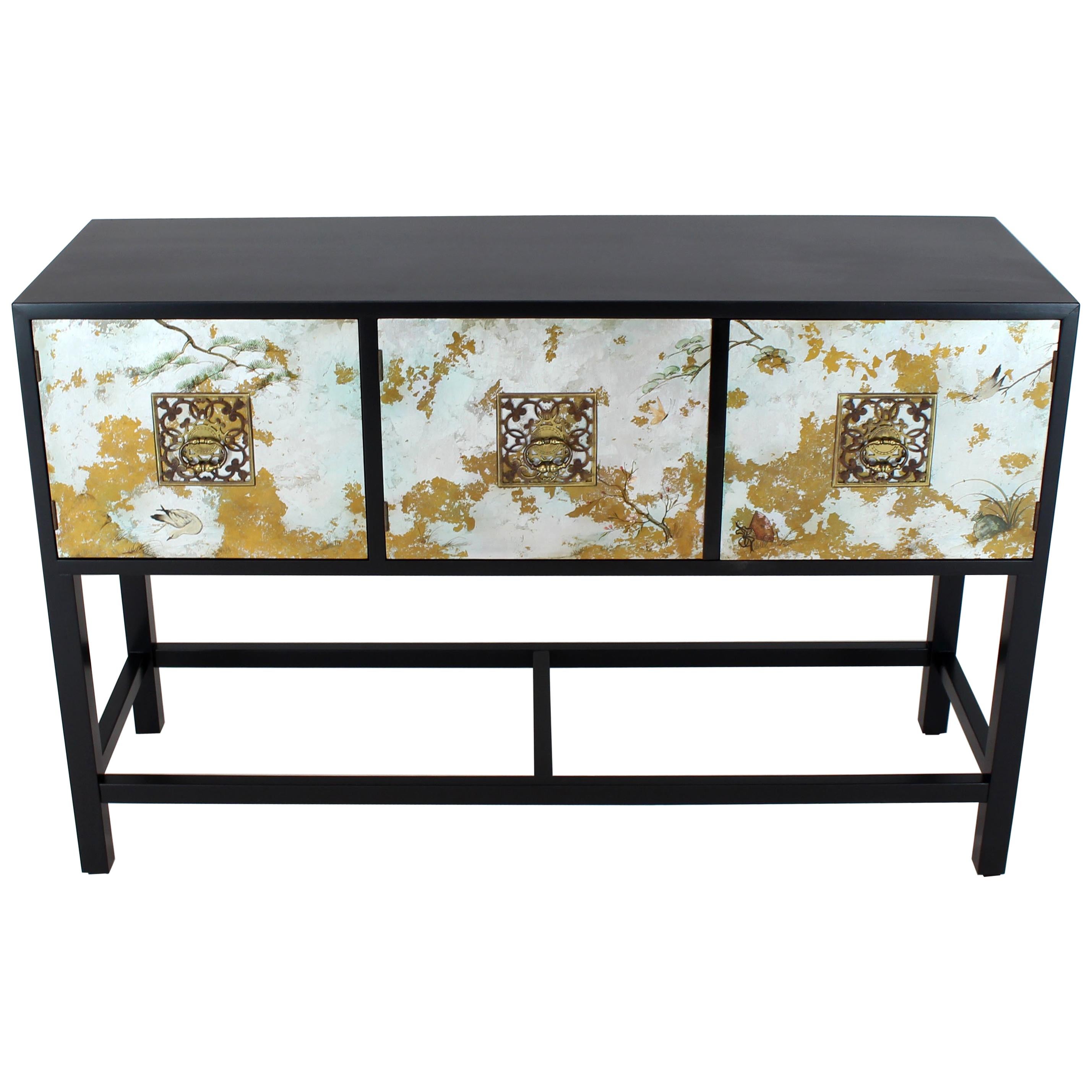 Black Lacquer Painted Decorated Three Doors Small Credenza Brass Pulls