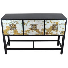 Black Lacquer Painted Decorated Three Doors Small Credenza Brass Pulls