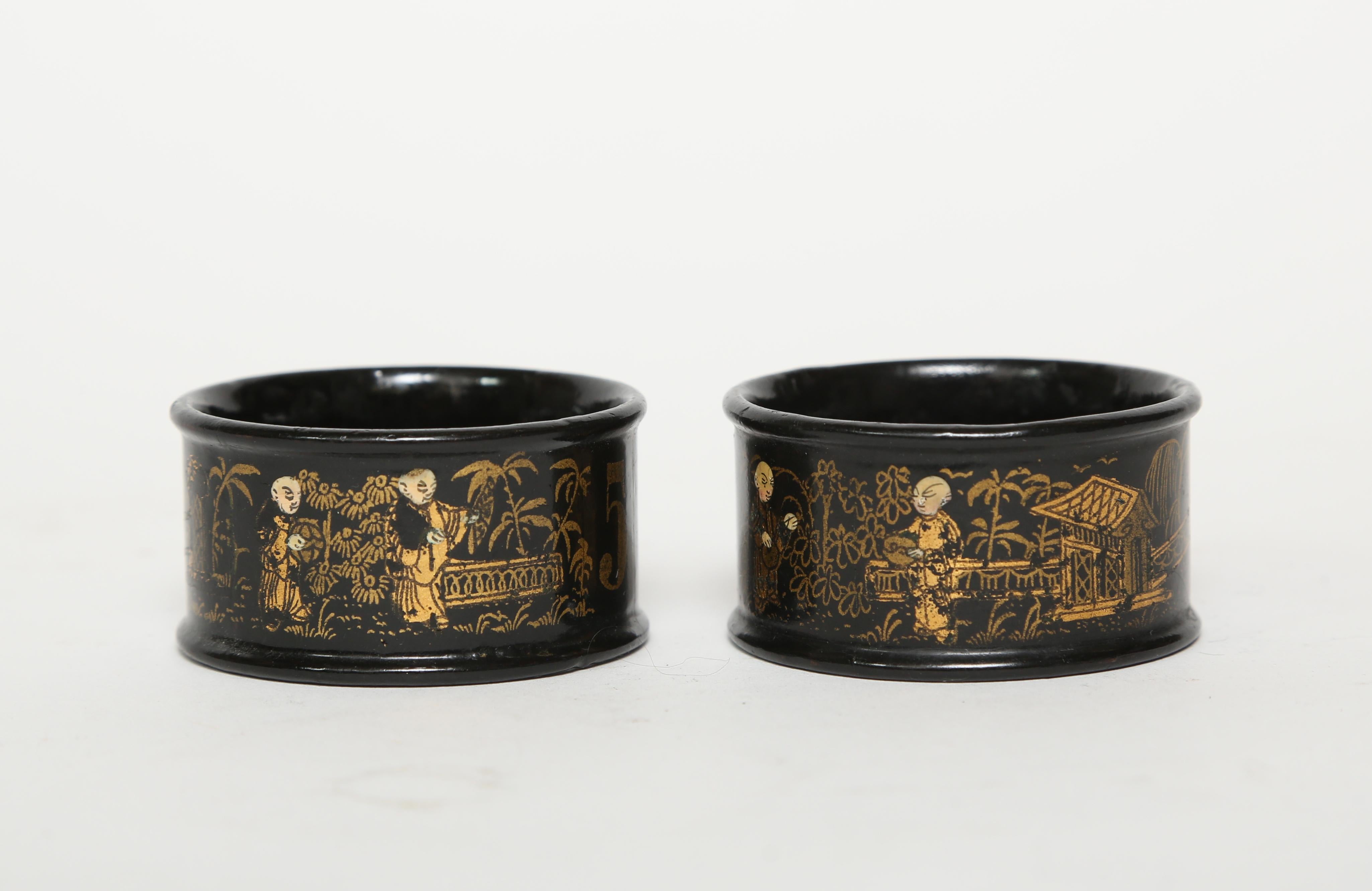 Antique black lacquer on papier mâché napkin rings.  They are in beautiful condition and would look great on a napkin.  If you collect this ware they would be a great addition to your collection.   Probably English and definitely 19th