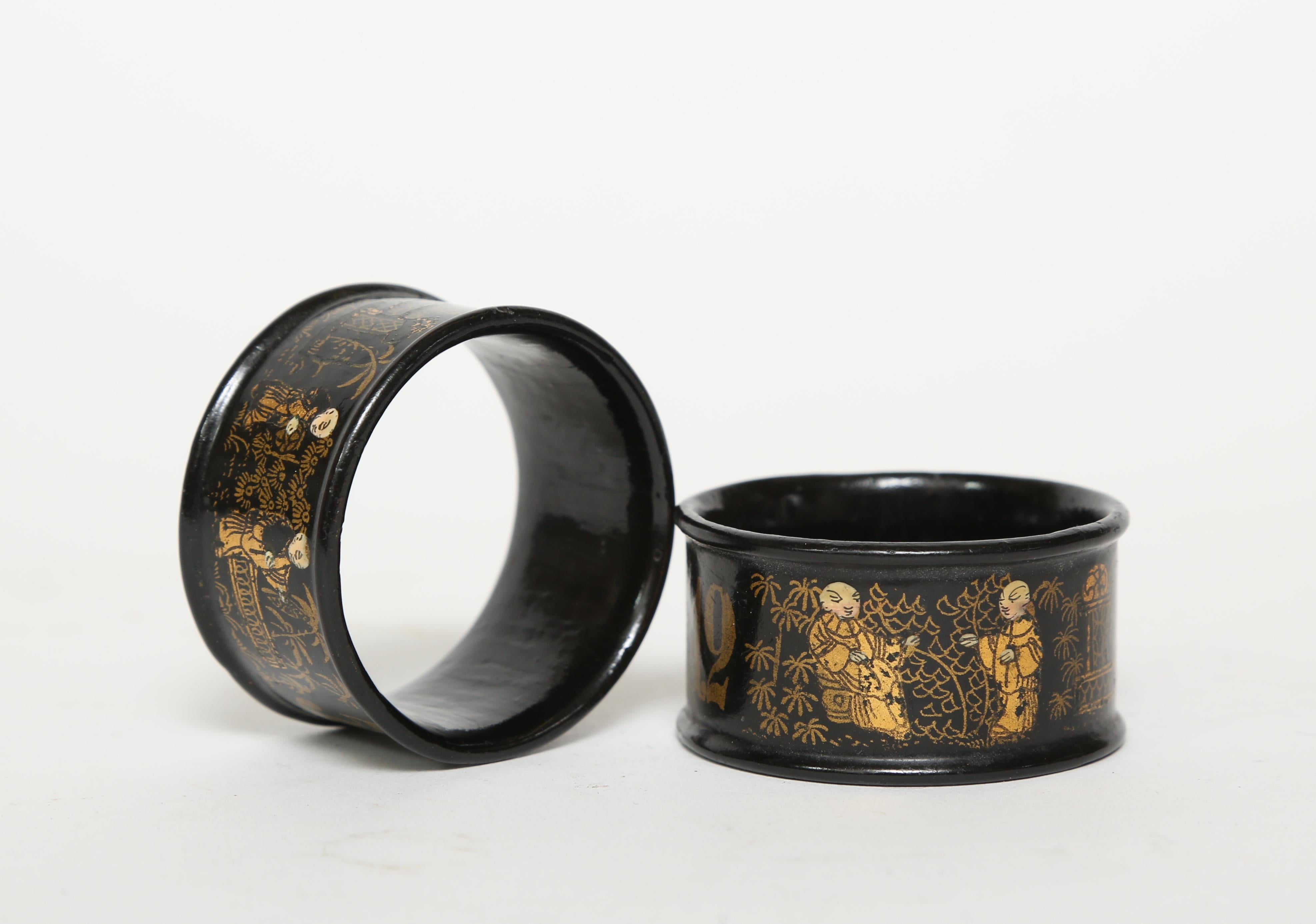 English  Antique  Black Lacquer on Papier Mâché Napkin Rings with a Chinoiserie Motif