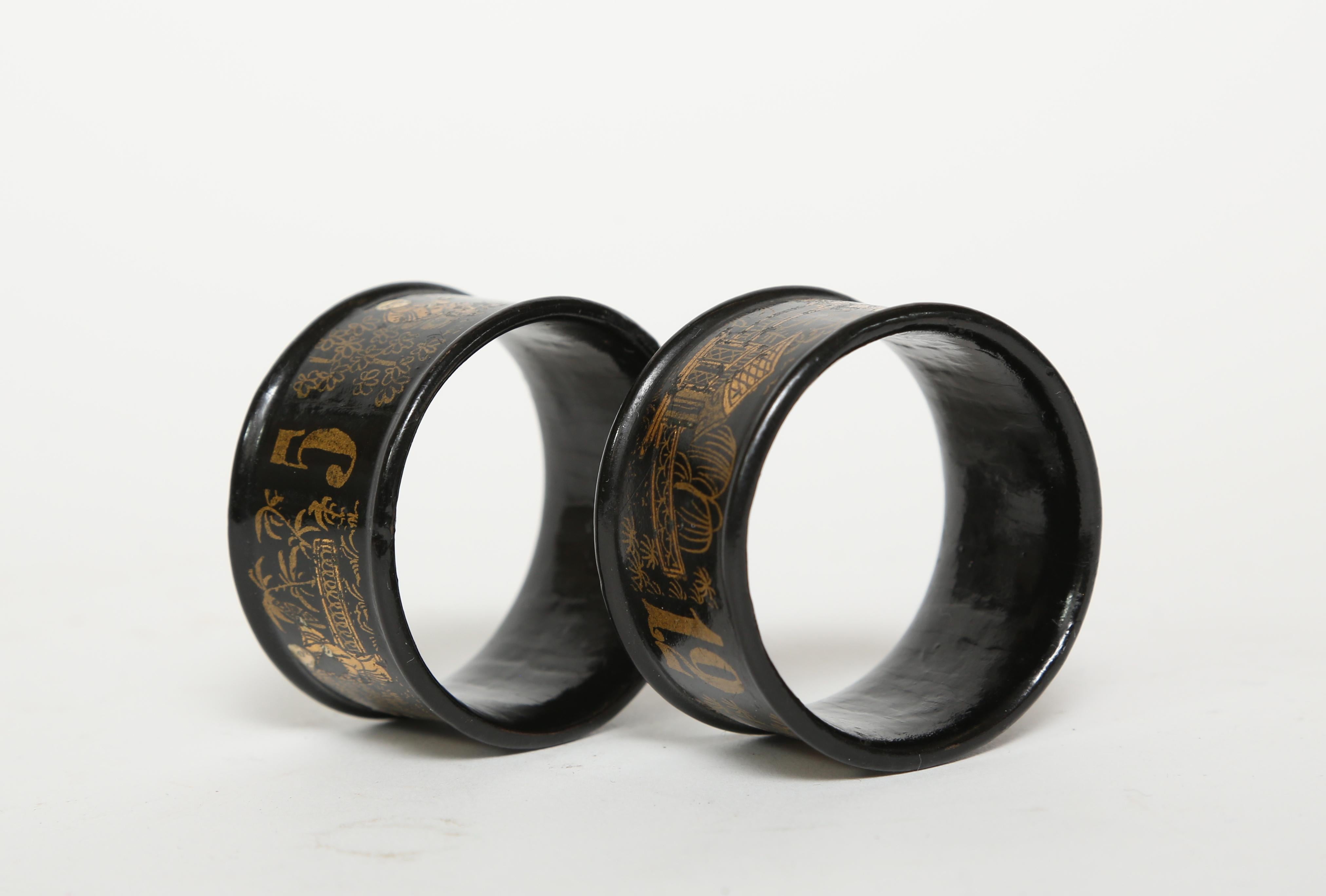 Hand-Painted  Antique  Black Lacquer on Papier Mâché Napkin Rings with a Chinoiserie Motif
