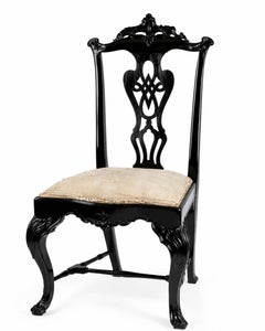 Black Lacquer Rococo Revival Side Chair with Distressed Cotton Seat