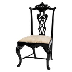 Black Lacquer Rococo Revival Side Chair with Distressed Cotton Seat