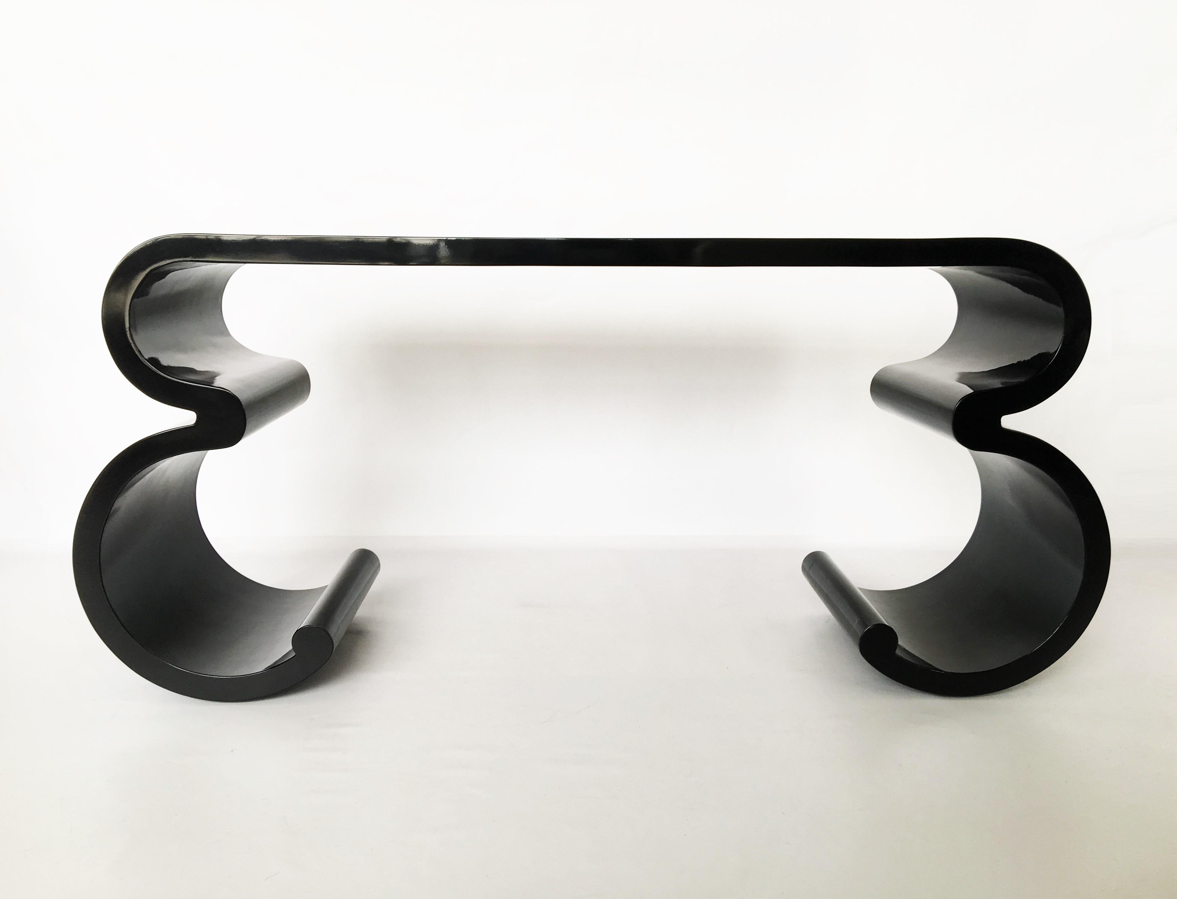 Hollywood Regency Black Lacquer Scroll Console Table in the Manner of Karl Springer, 1970s