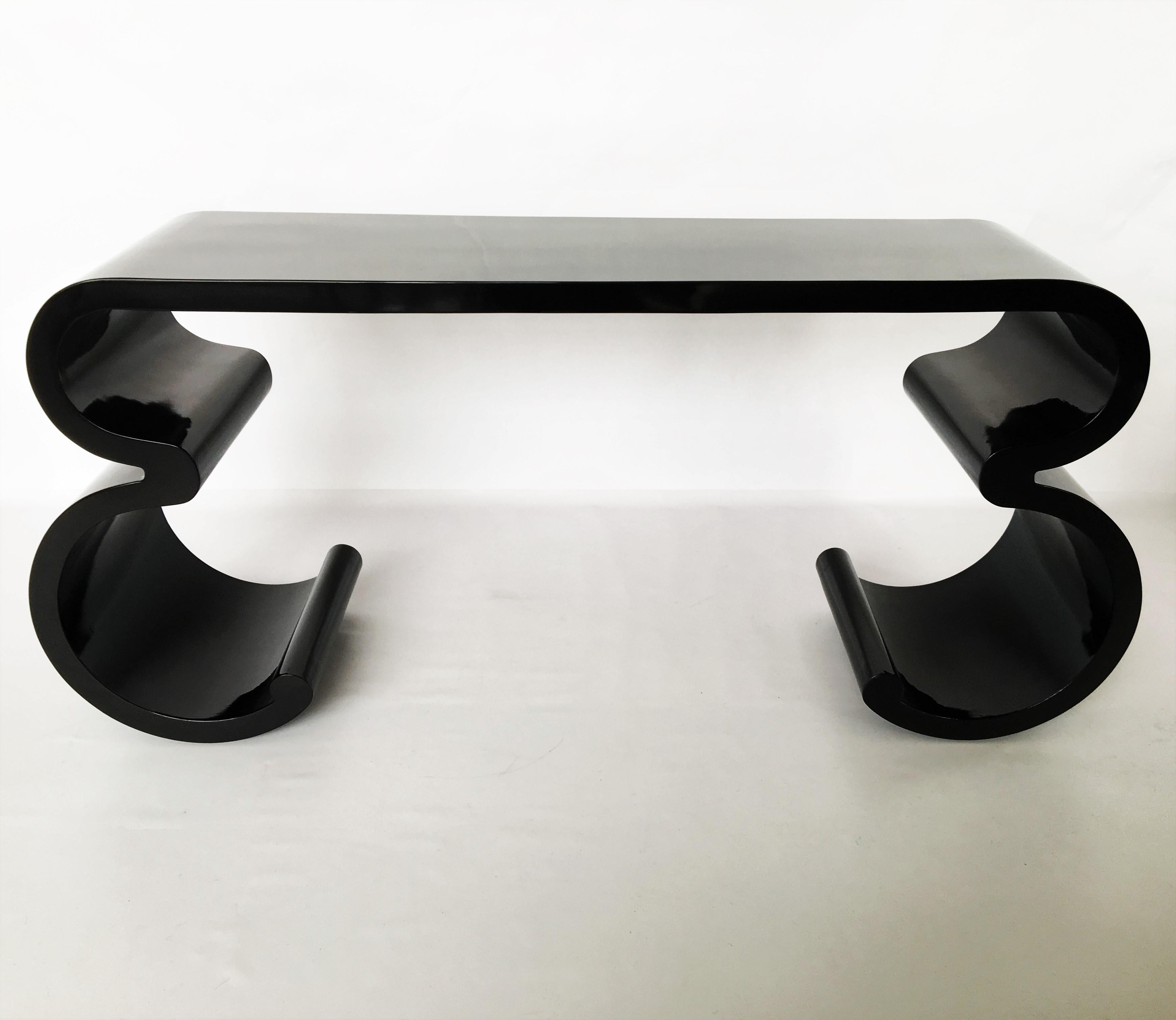 American Black Lacquer Scroll Console Table in the Manner of Karl Springer, 1970s