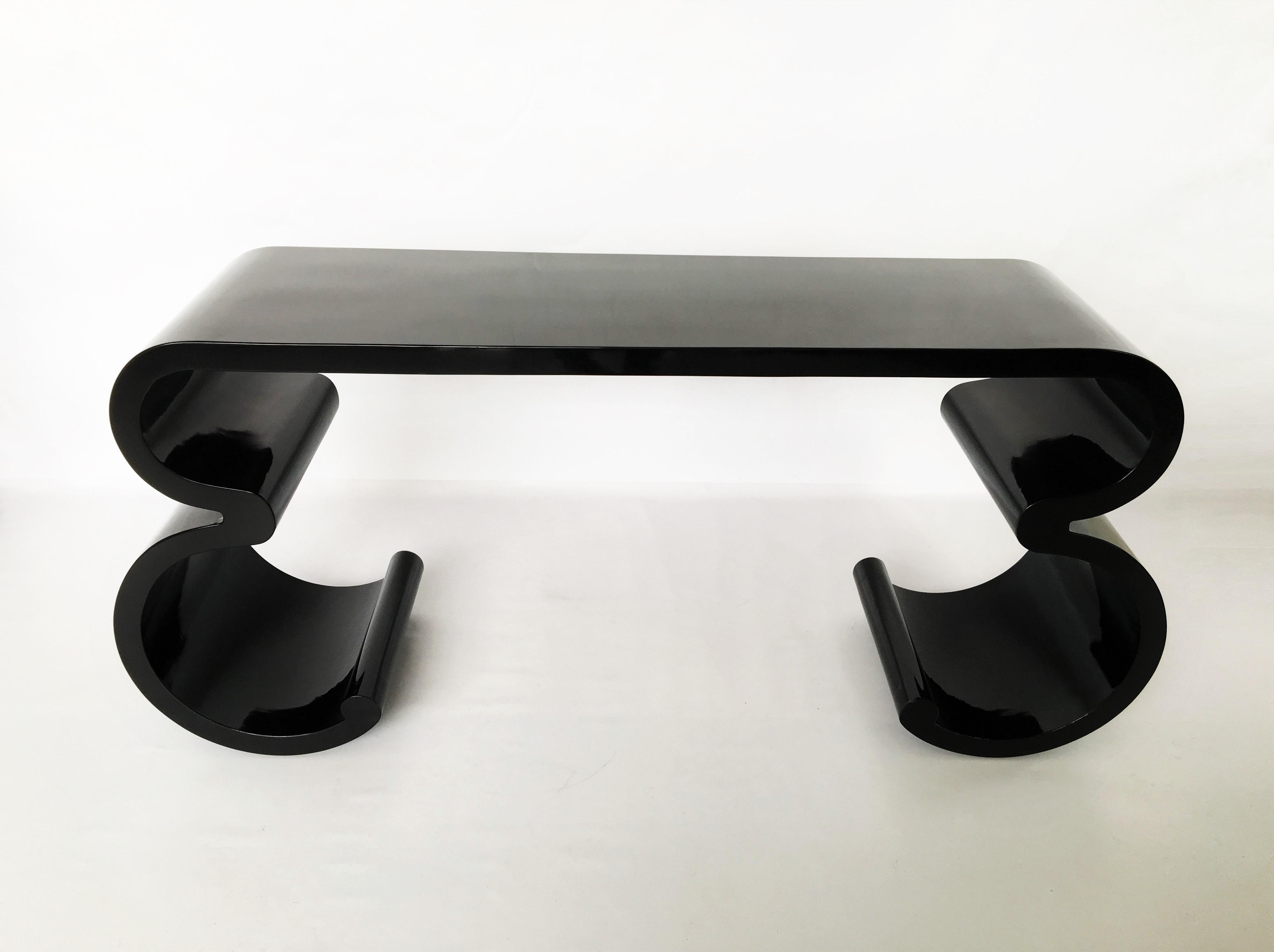 Lacquered Black Lacquer Scroll Console Table in the Manner of Karl Springer, 1970s