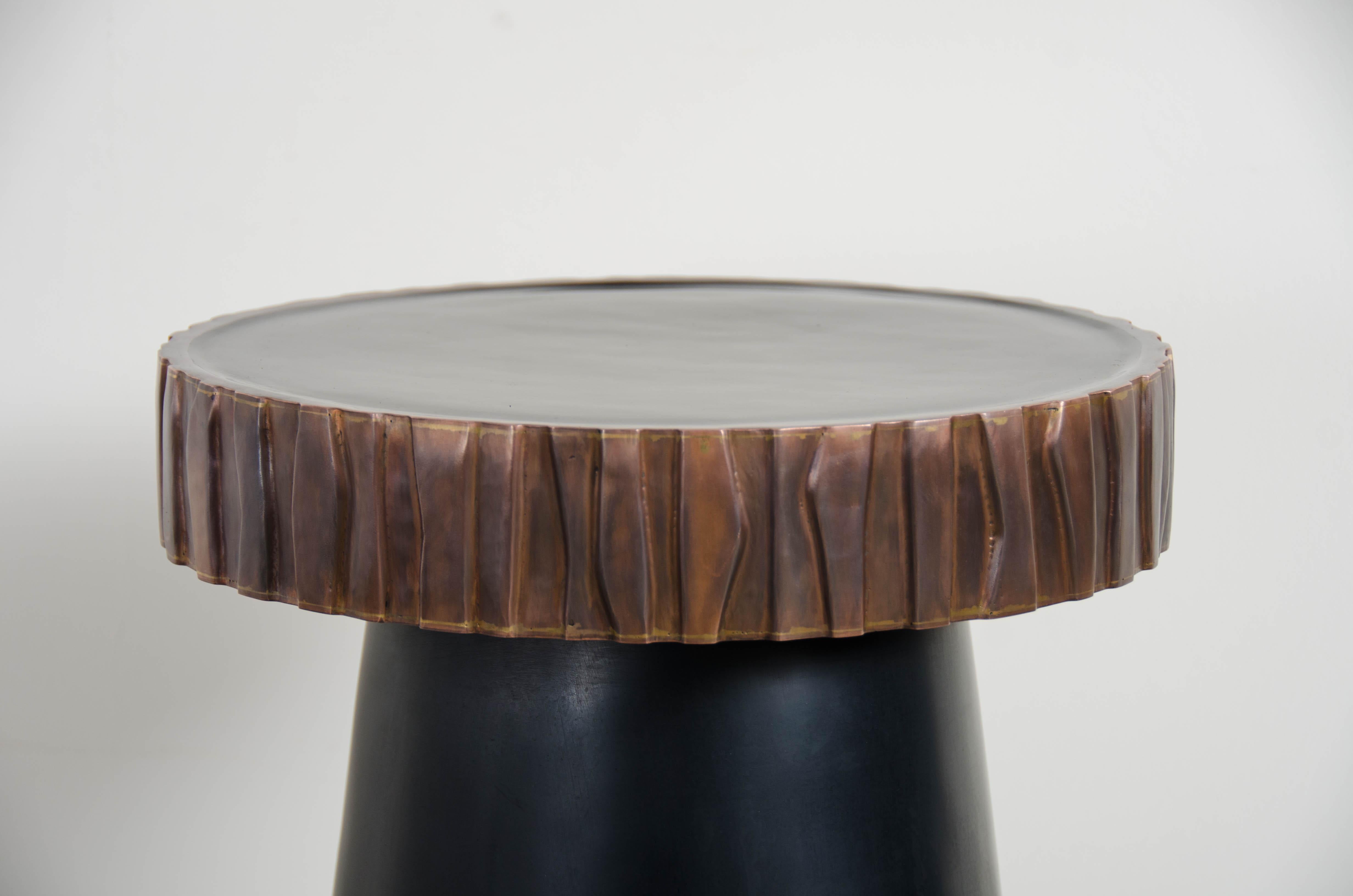 Repoussé Black Lacquer Side Table with Kuai Trim by Robert Kuo, Hand Repousse, Limited For Sale