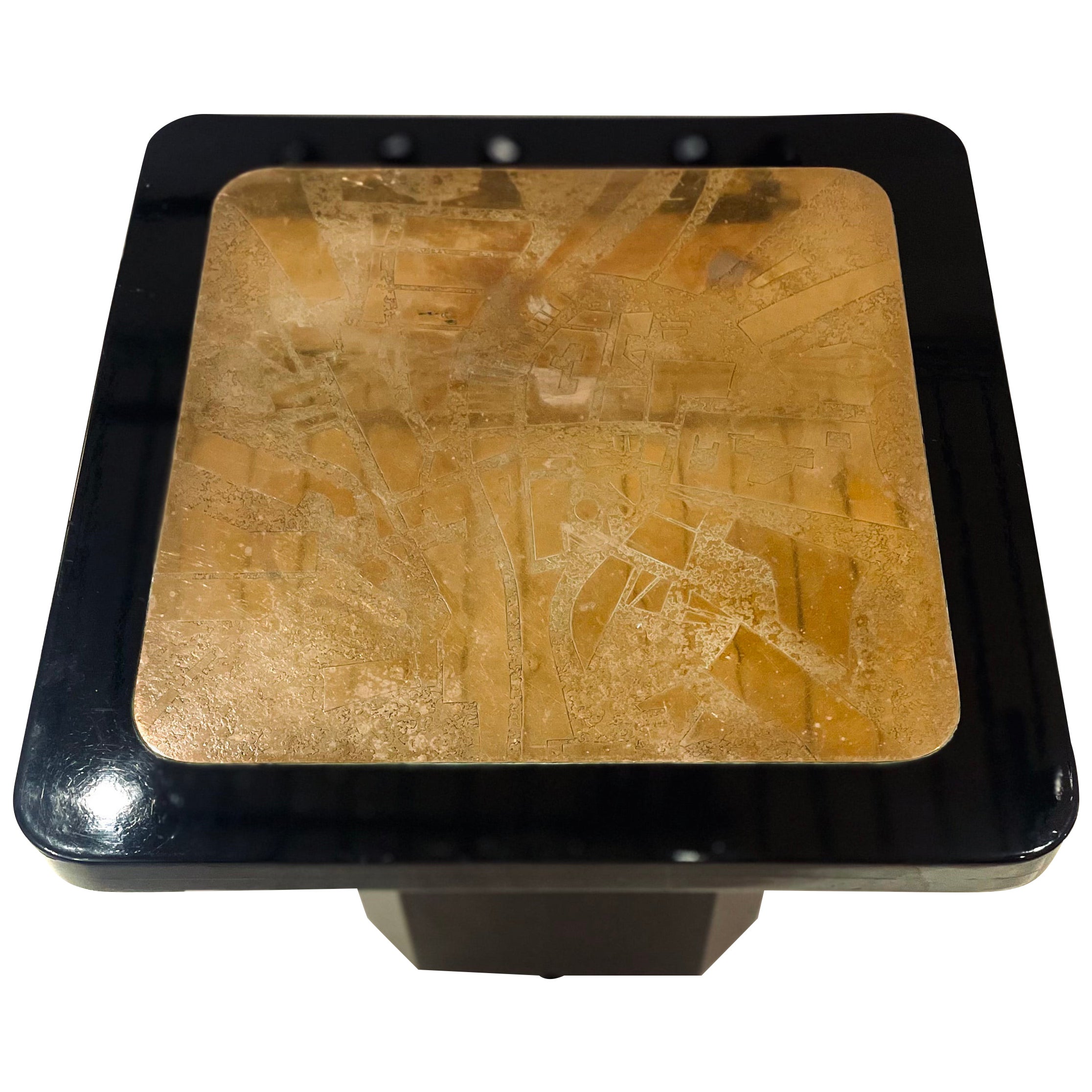 Black Lacquer Side Table With A Engraved Brass Top, Belgium 1970. For Sale