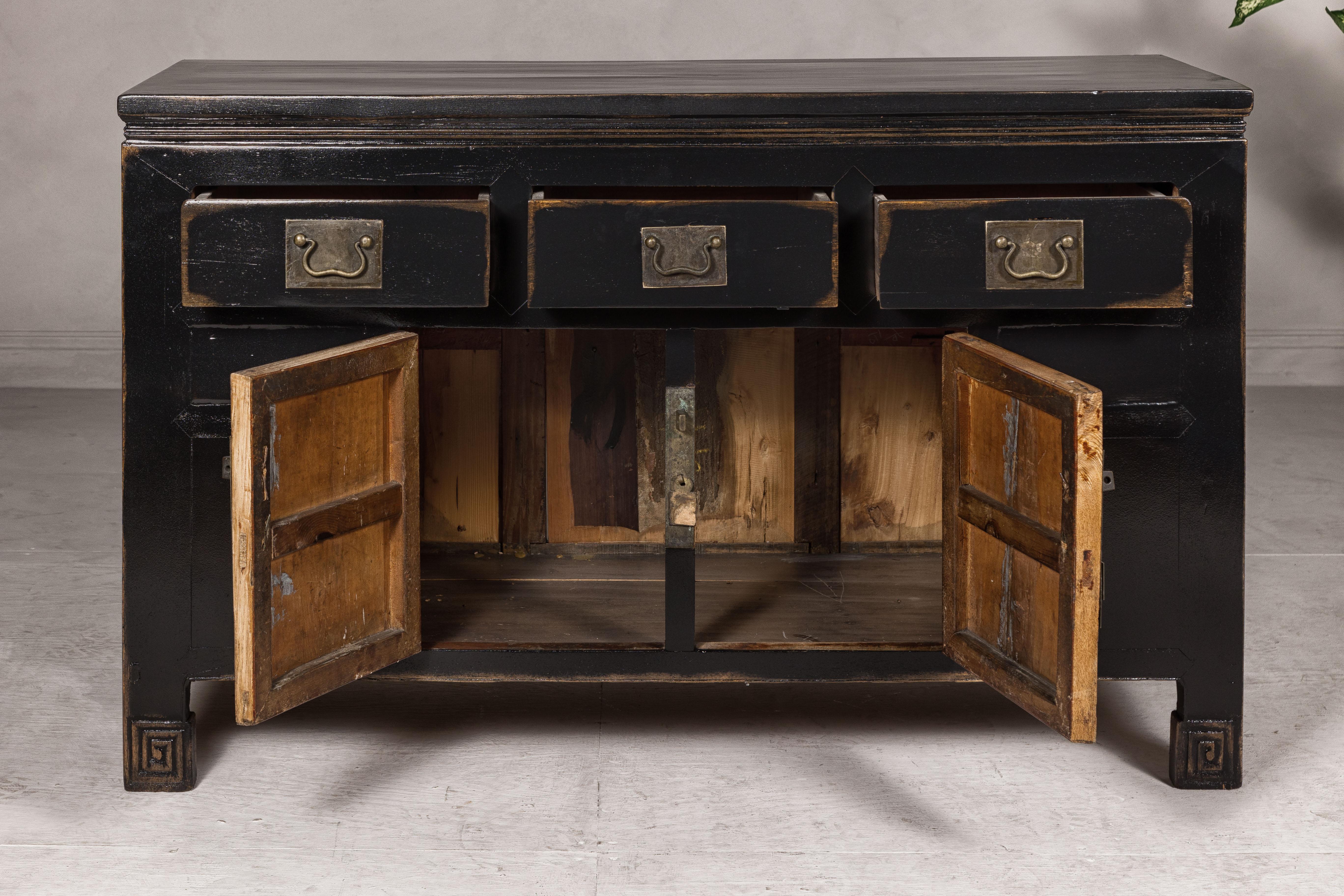 Black Lacquer Sideboard with Rubbed Edges, Brass Hardware, Doors and Drawers For Sale 3