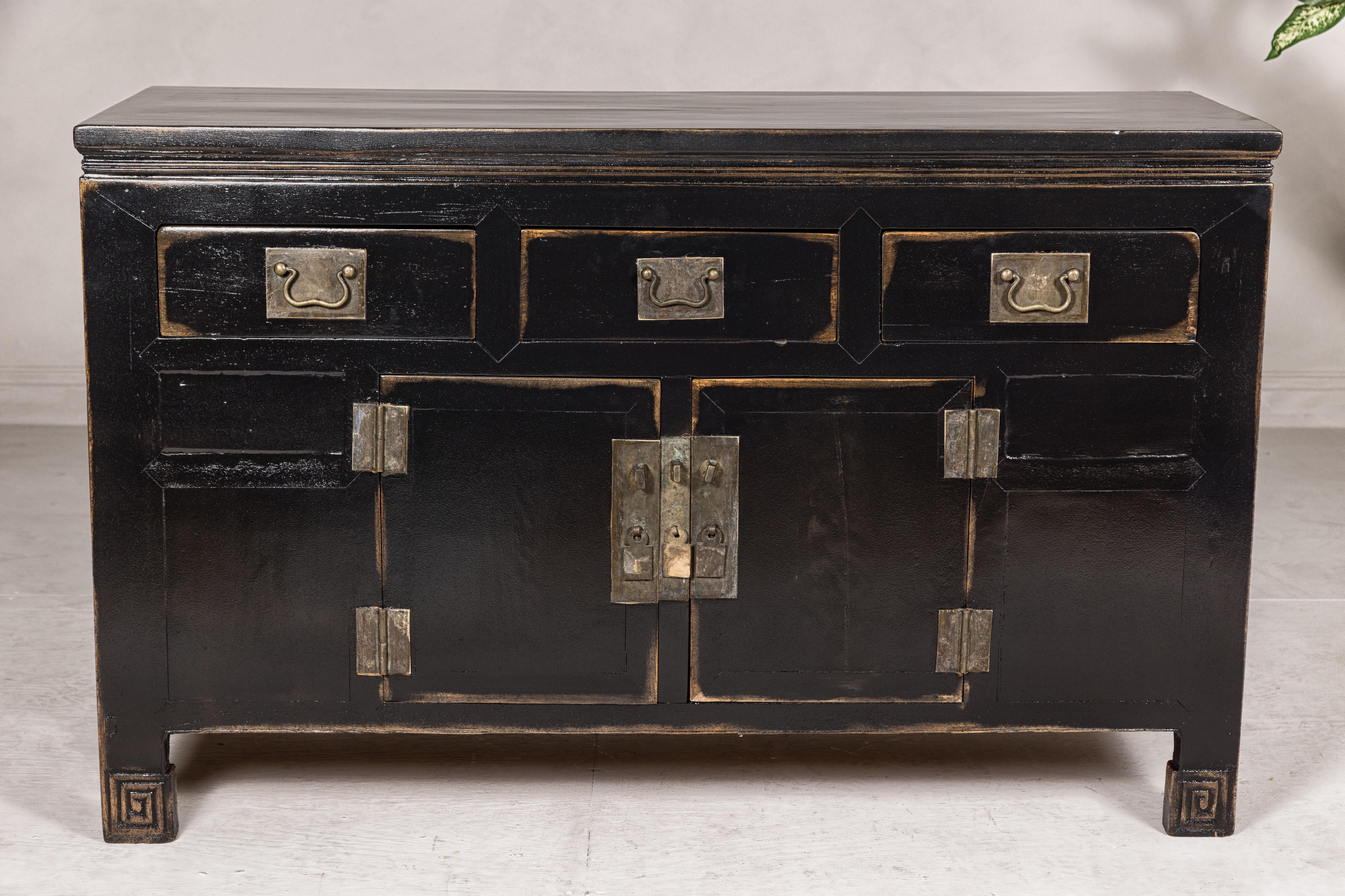 Black Lacquer Sideboard with Rubbed Edges, Brass Hardware, Doors and Drawers For Sale 5