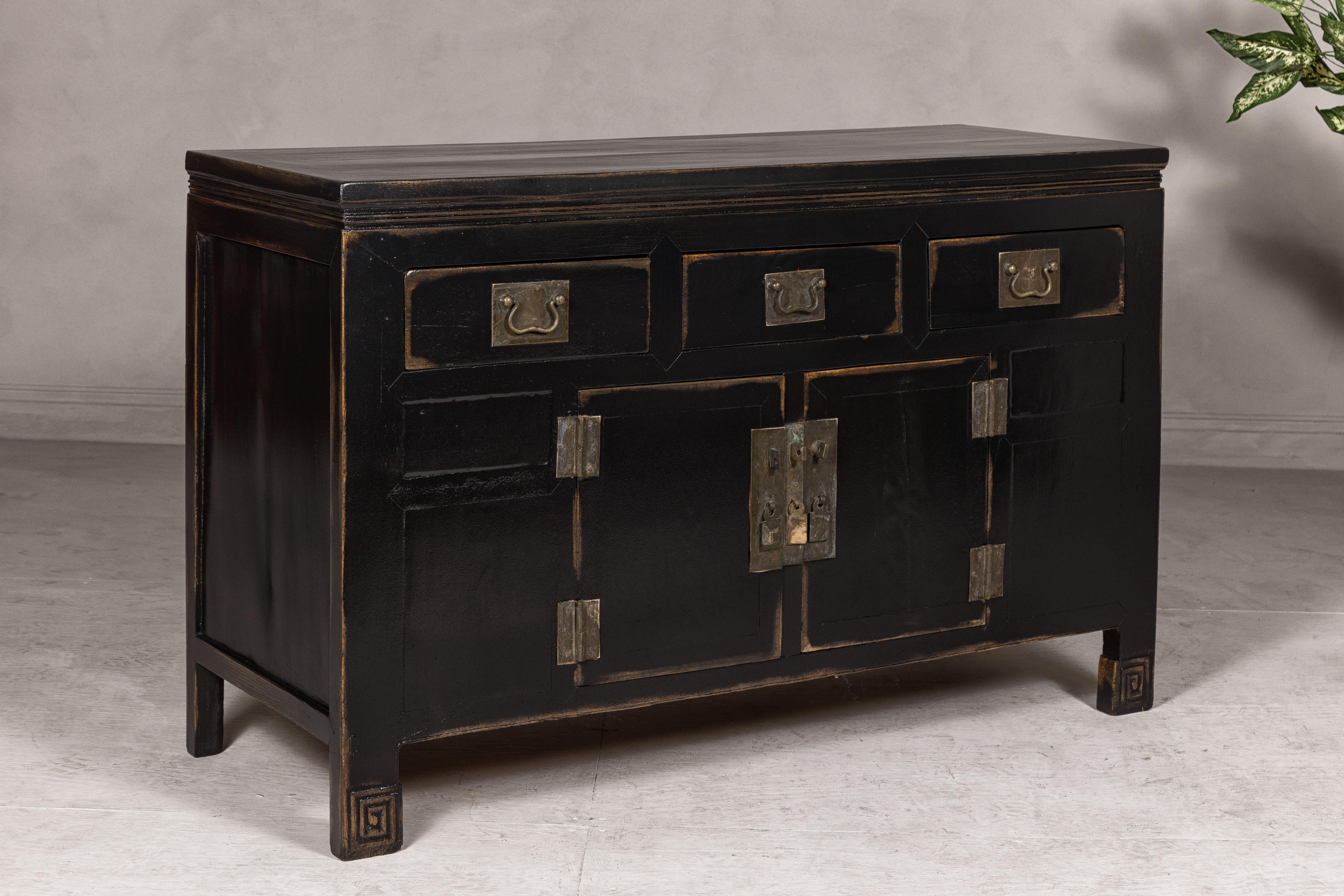 Black Lacquer Sideboard with Rubbed Edges, Brass Hardware, Doors and Drawers For Sale 6