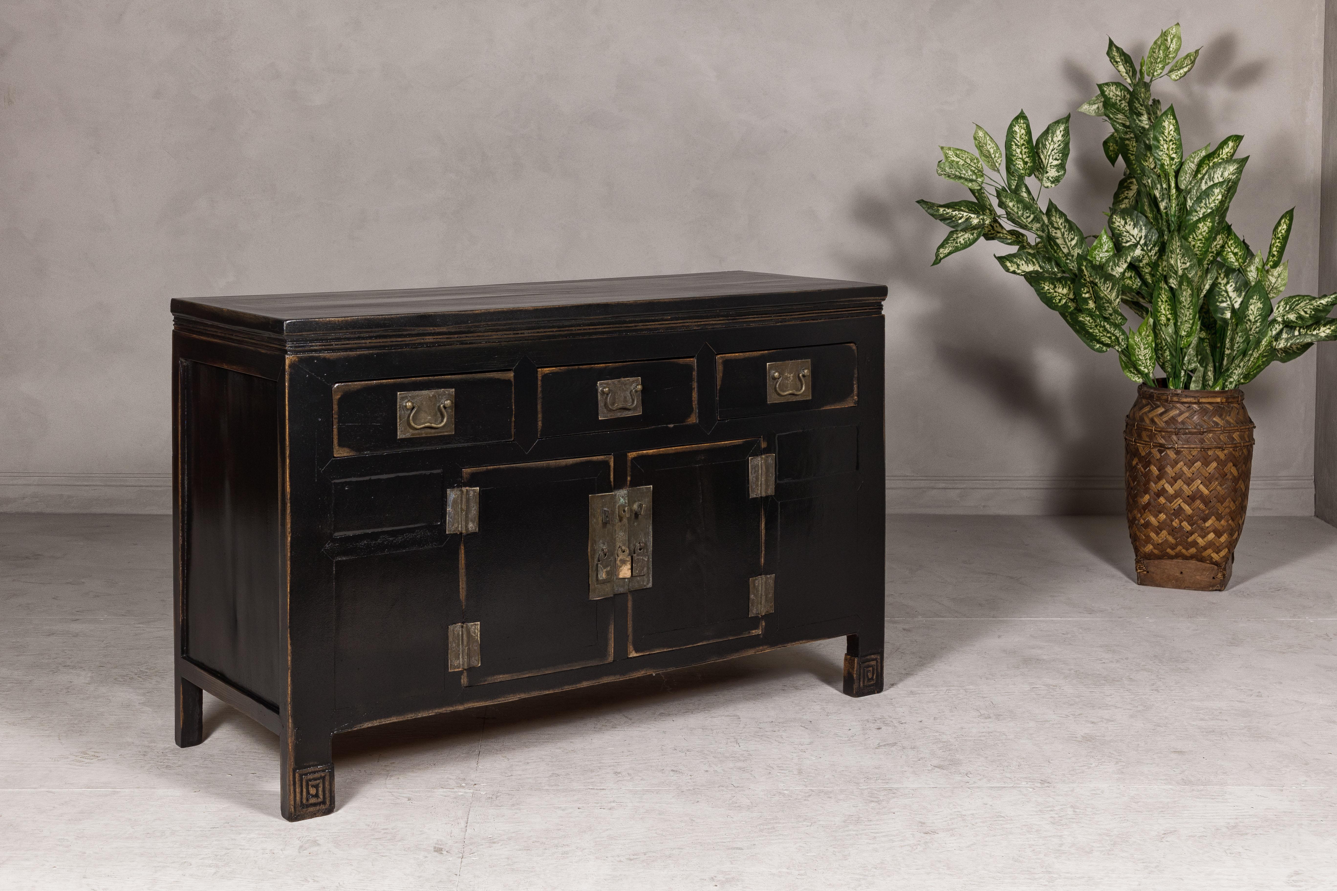 Black Lacquer Sideboard with Rubbed Edges, Brass Hardware, Doors and Drawers For Sale 7