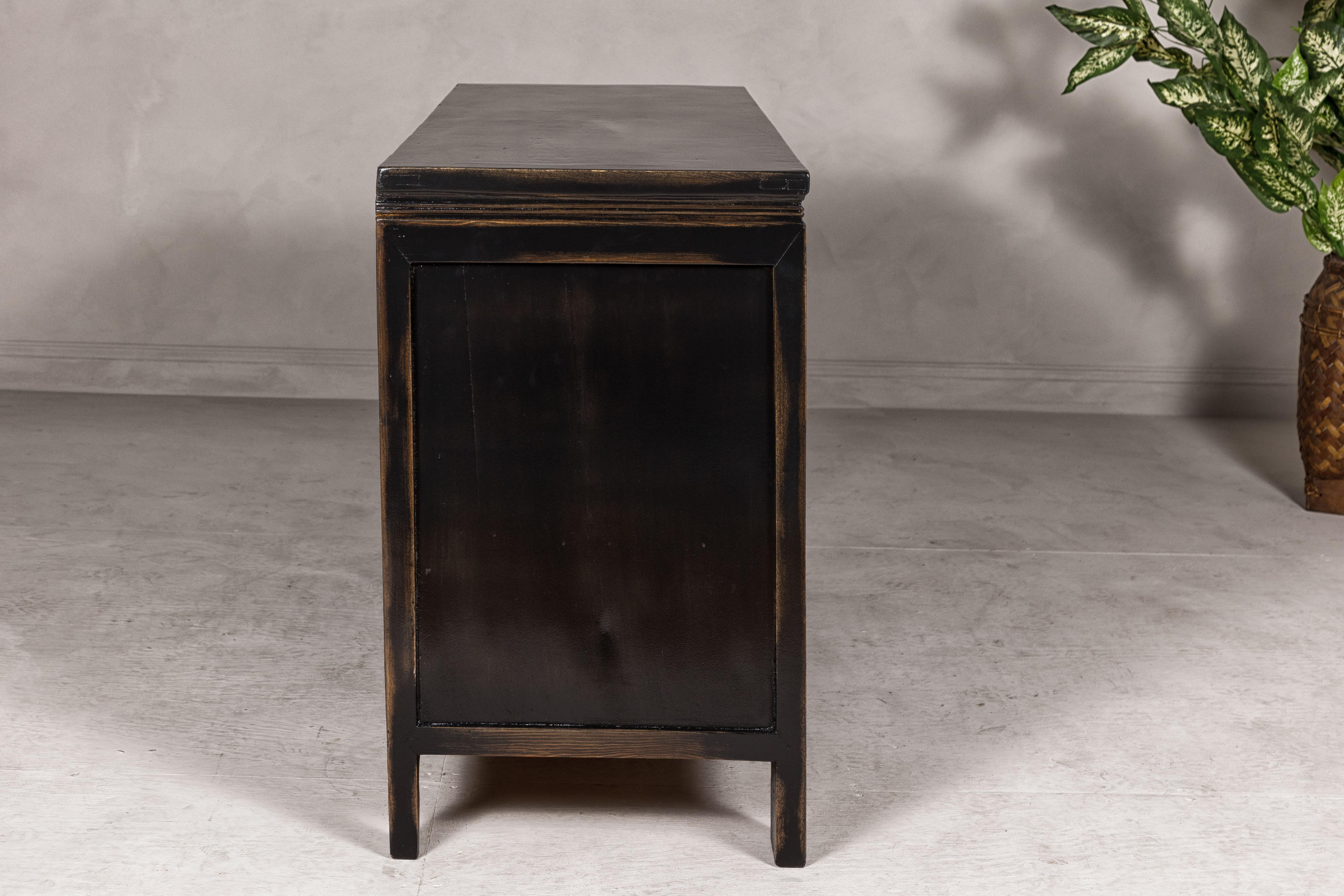 Black Lacquer Sideboard with Rubbed Edges, Brass Hardware, Doors and Drawers For Sale 8