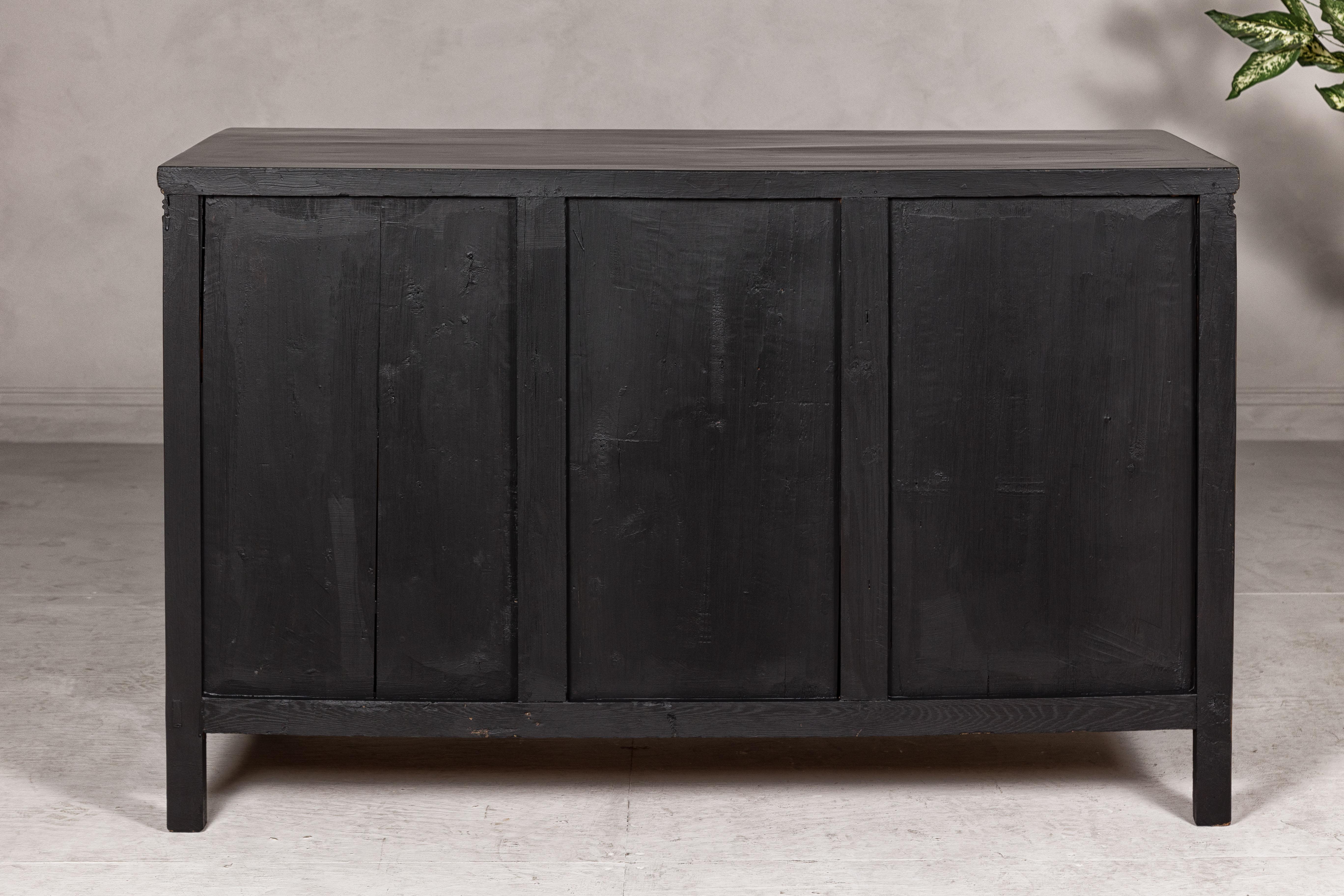 Black Lacquer Sideboard with Rubbed Edges, Brass Hardware, Doors and Drawers For Sale 10