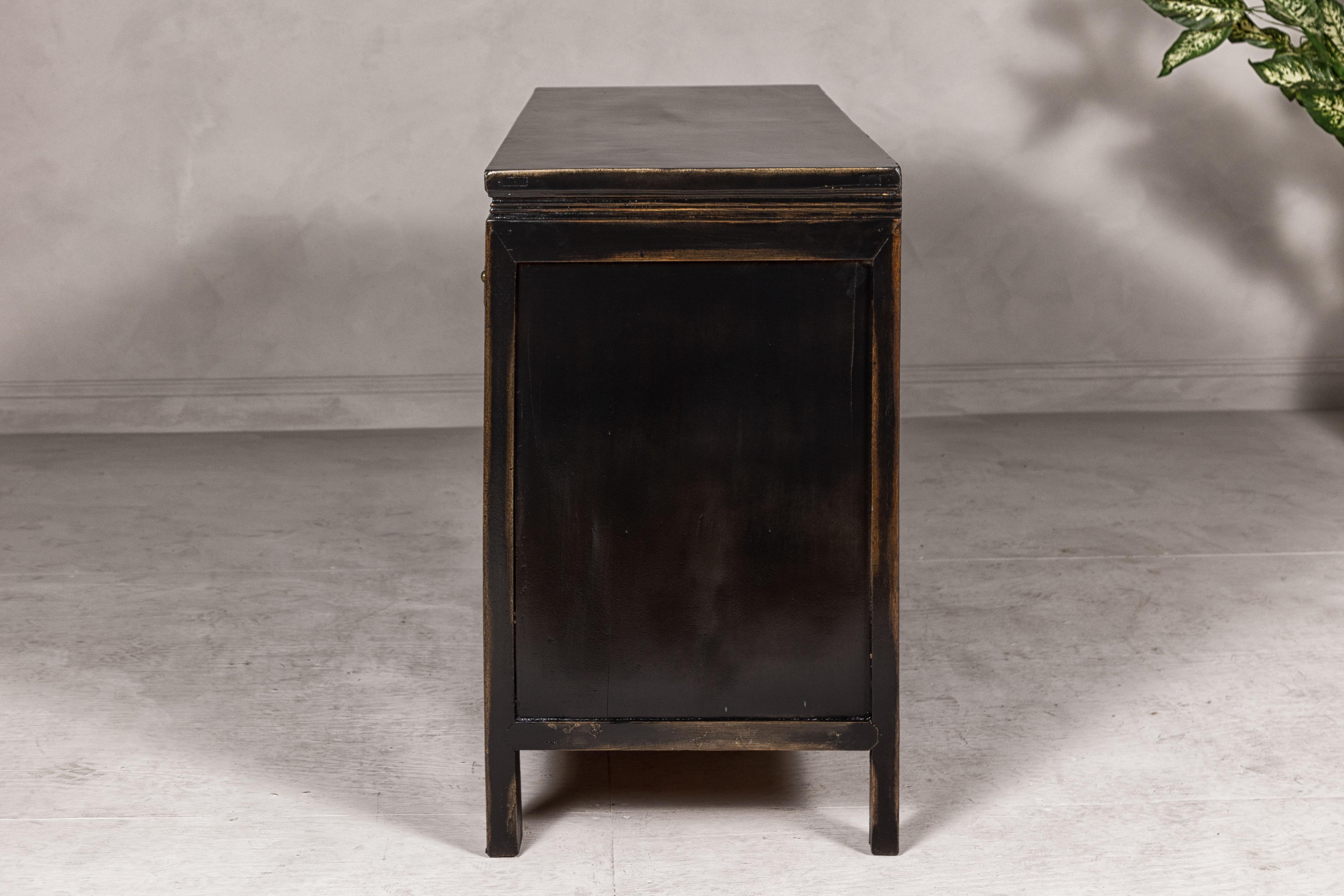 Black Lacquer Sideboard with Rubbed Edges, Brass Hardware, Doors and Drawers For Sale 11