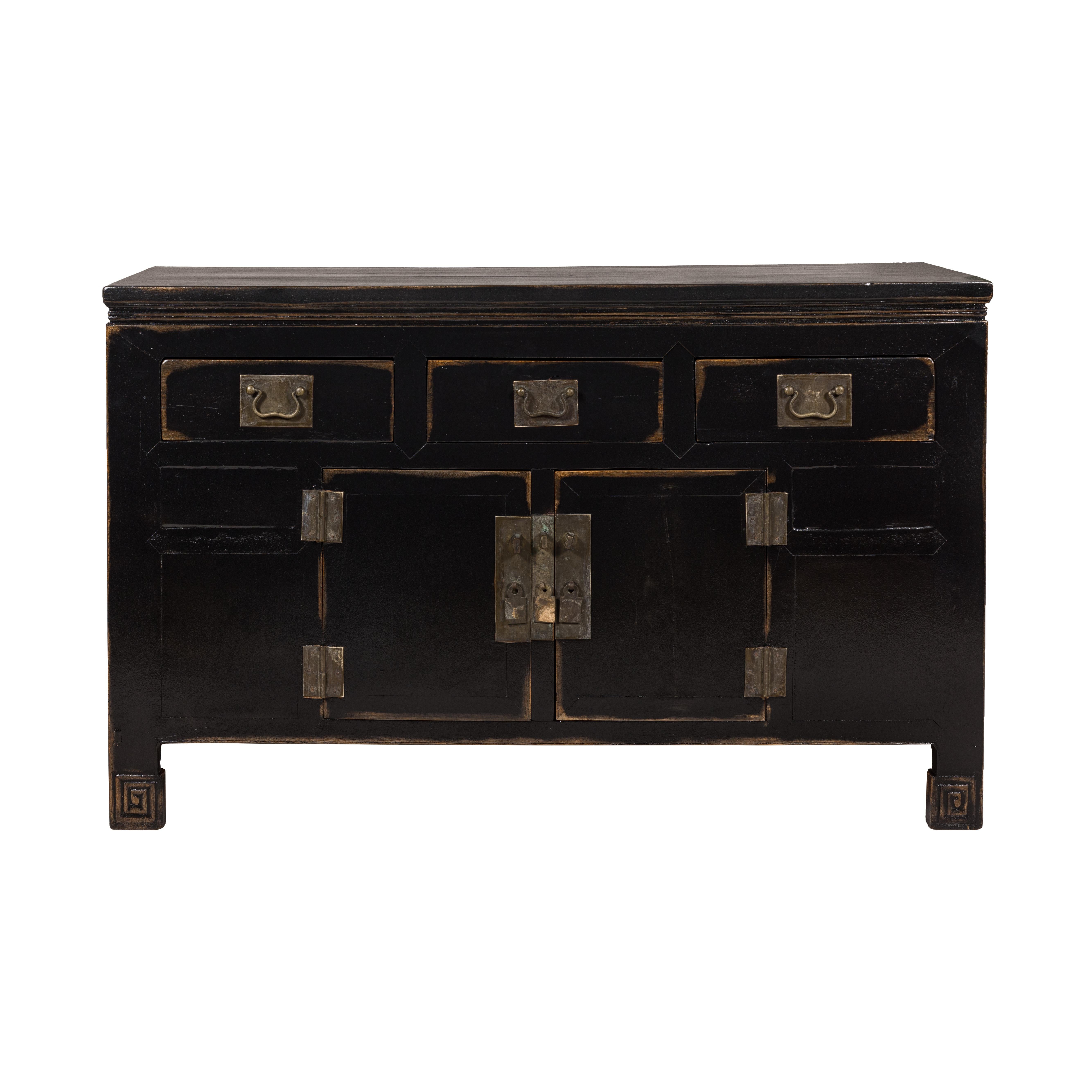 Black Lacquer Sideboard with Rubbed Edges, Brass Hardware, Doors and Drawers For Sale 12