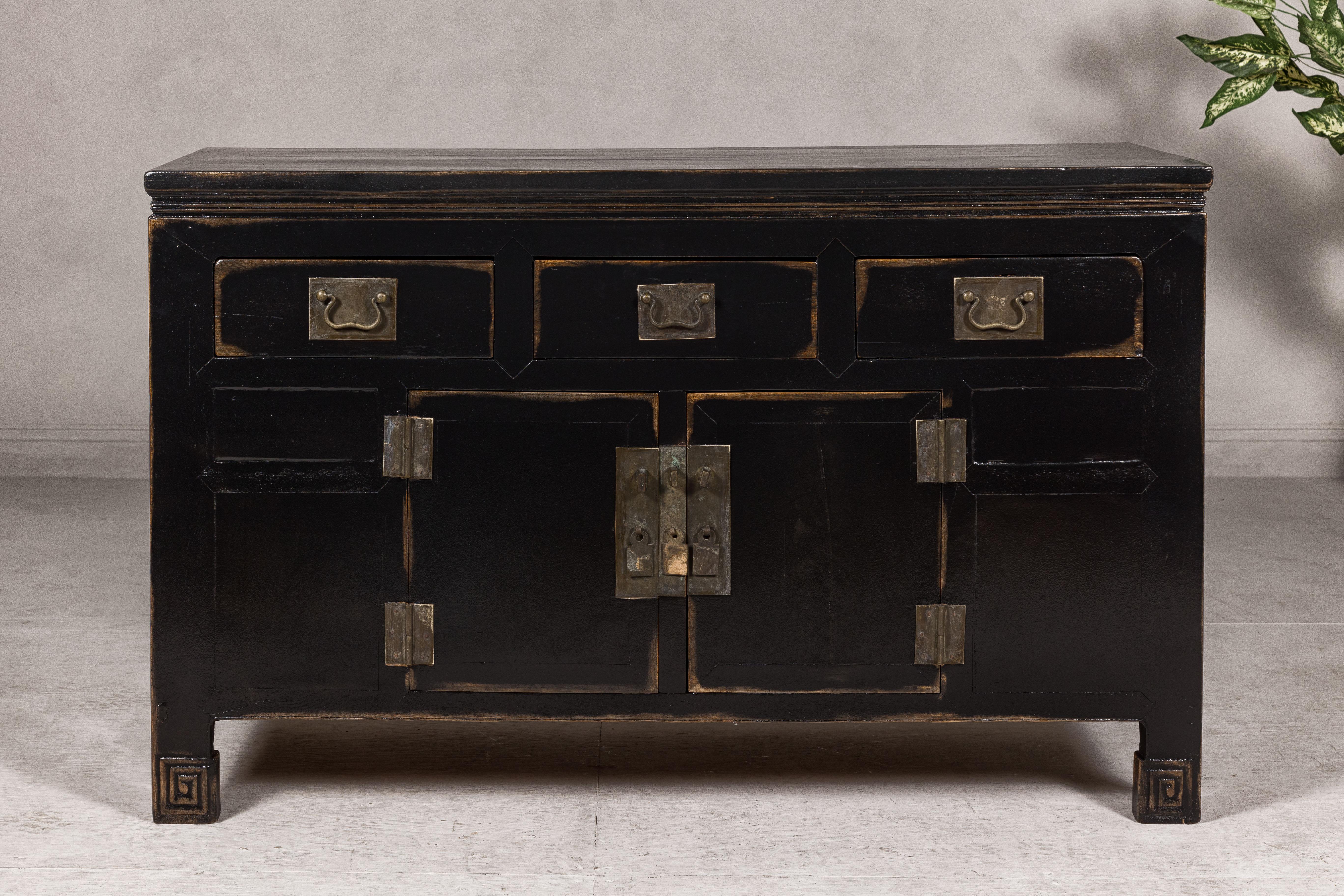 Qing Black Lacquer Sideboard with Rubbed Edges, Brass Hardware, Doors and Drawers For Sale