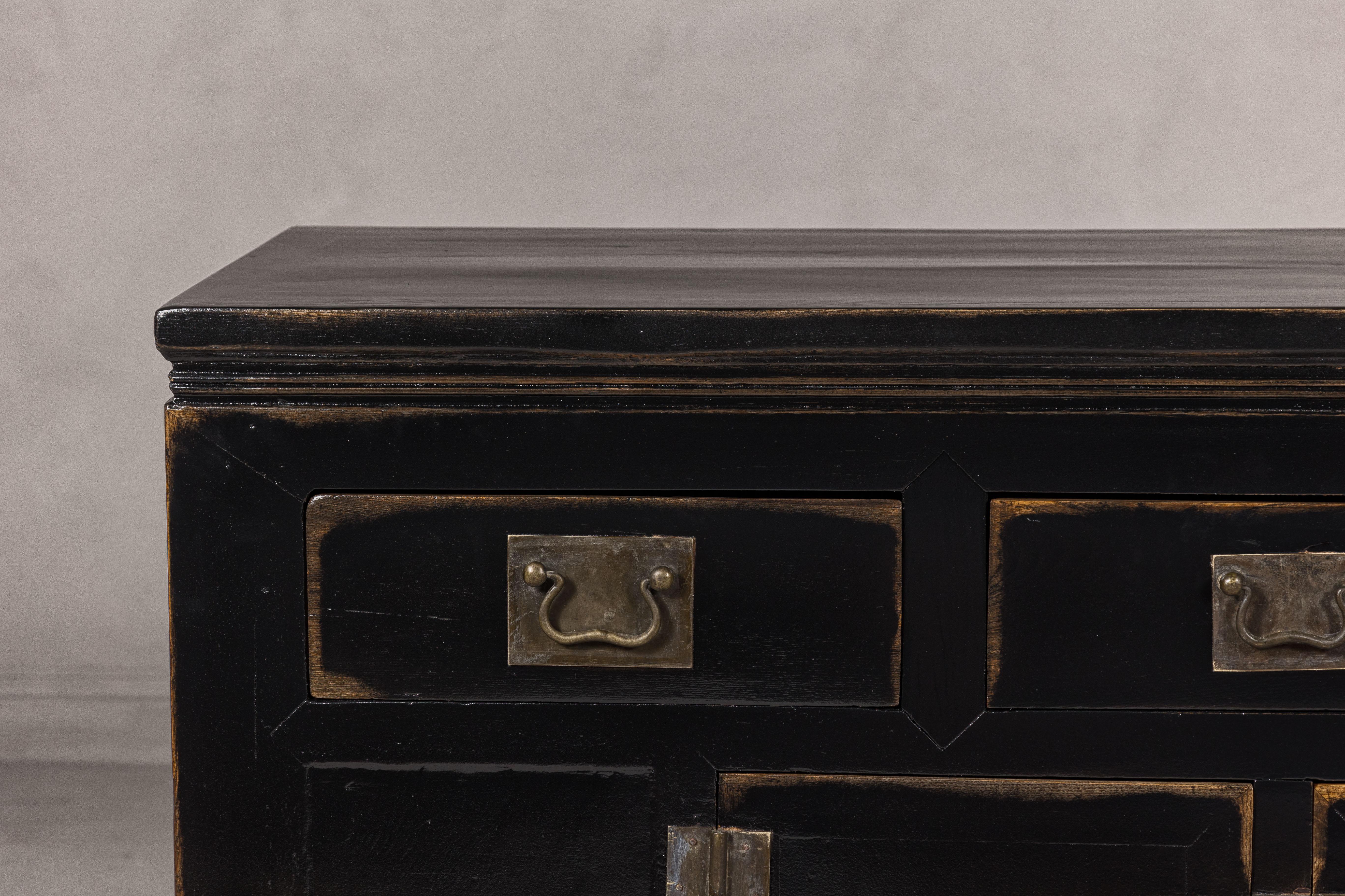Chinese Black Lacquer Sideboard with Rubbed Edges, Brass Hardware, Doors and Drawers For Sale