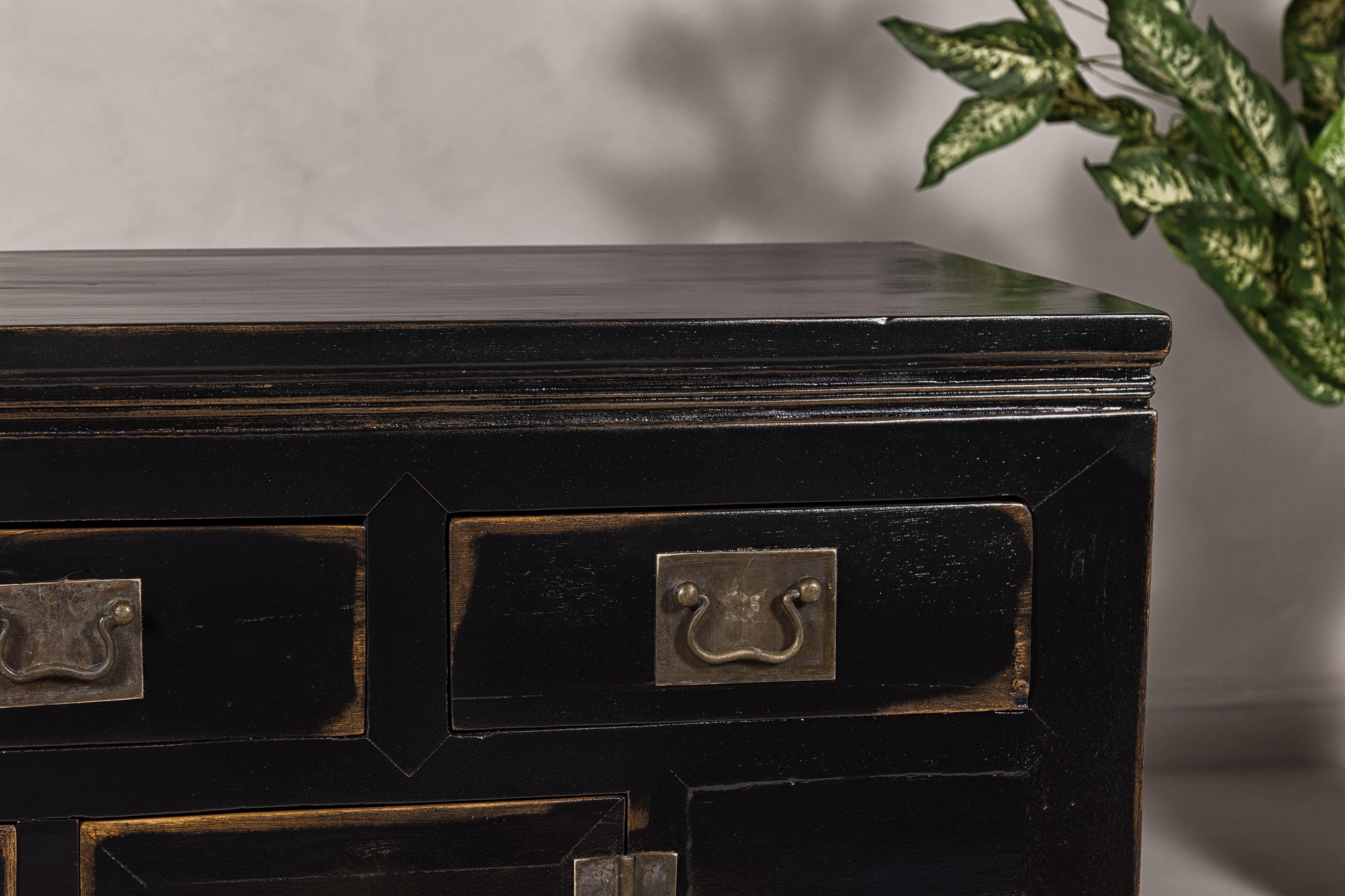 Lacquered Black Lacquer Sideboard with Rubbed Edges, Brass Hardware, Doors and Drawers For Sale