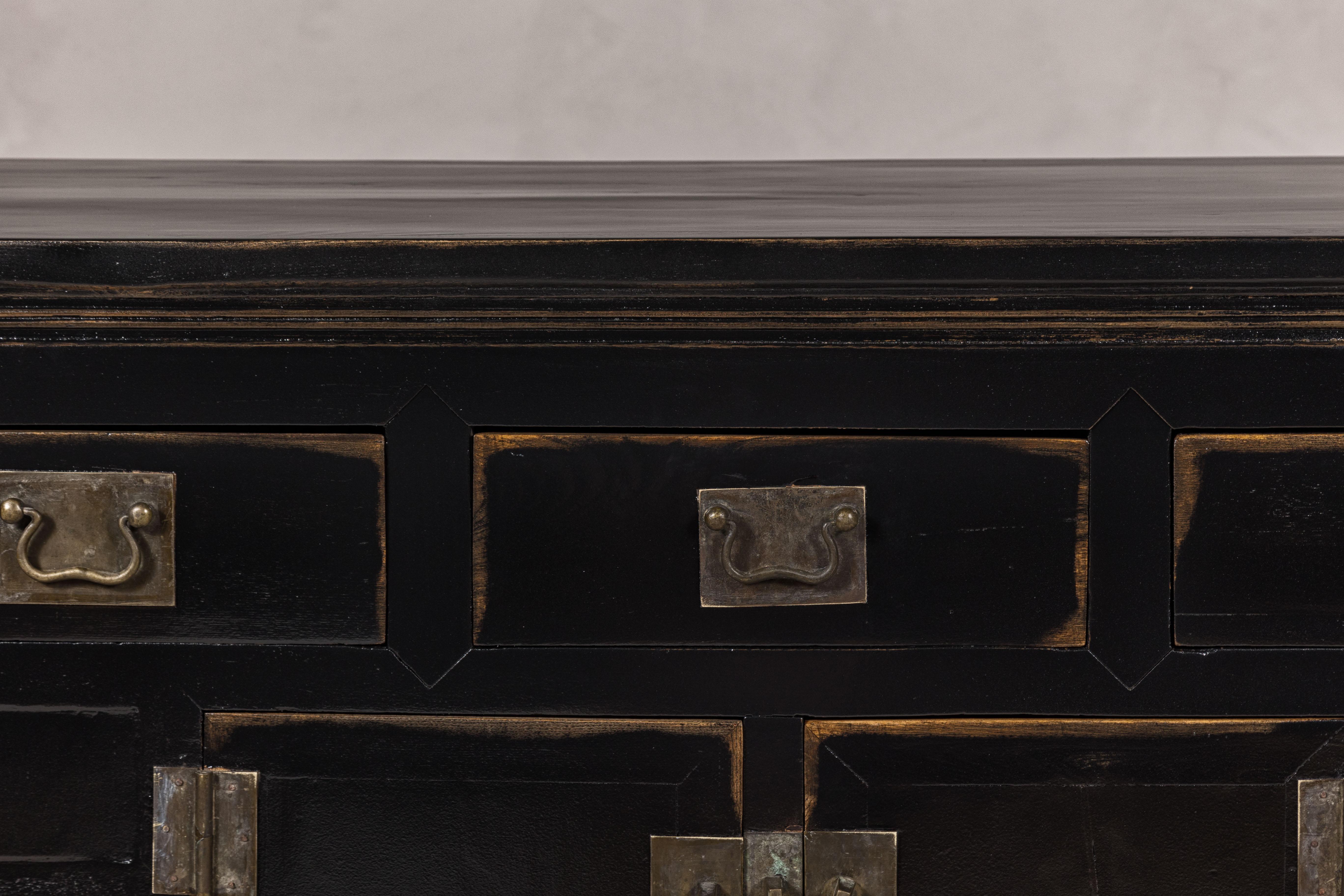 Black Lacquer Sideboard with Rubbed Edges, Brass Hardware, Doors and Drawers In Good Condition For Sale In Yonkers, NY