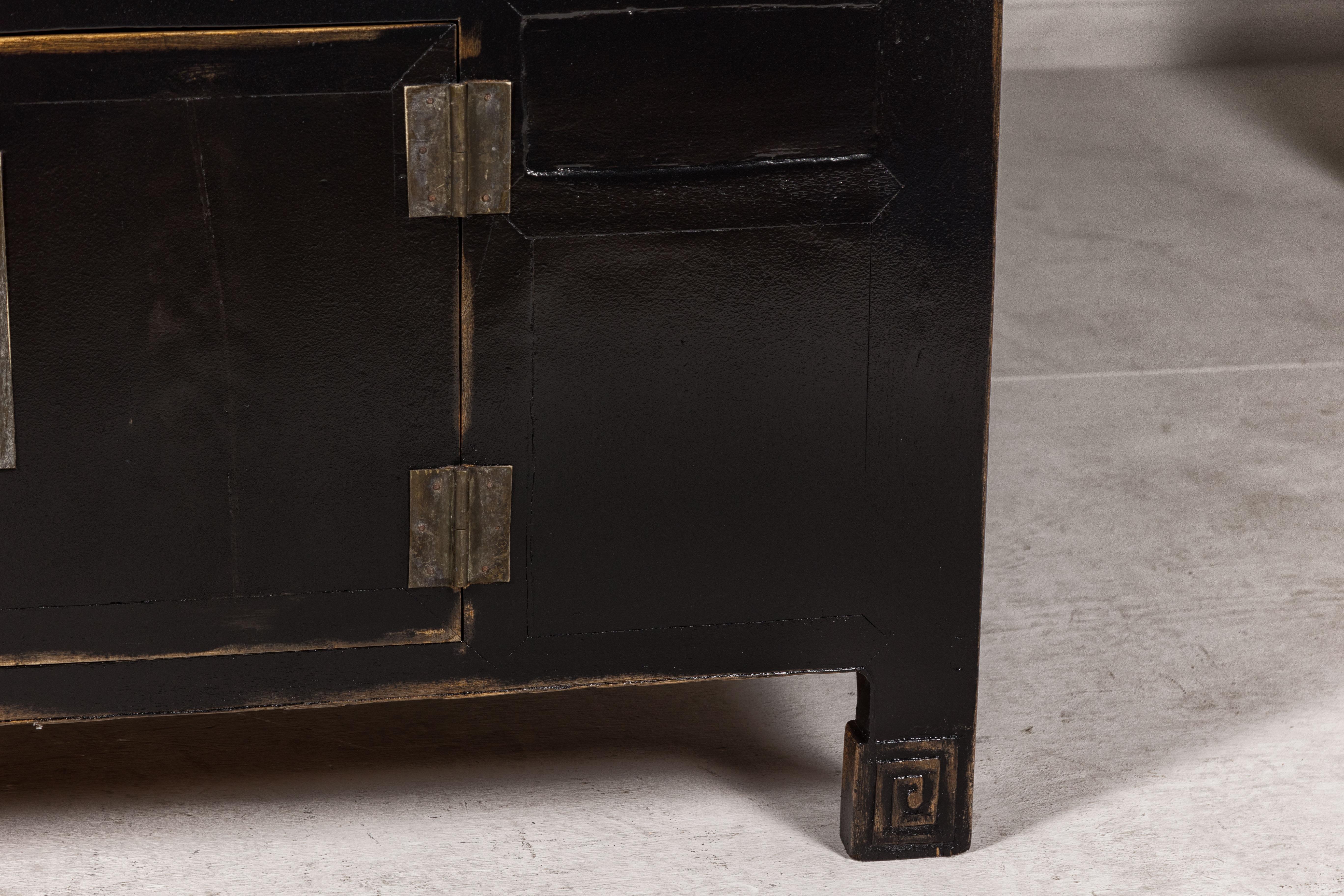 Black Lacquer Sideboard with Rubbed Edges, Brass Hardware, Doors and Drawers For Sale 2