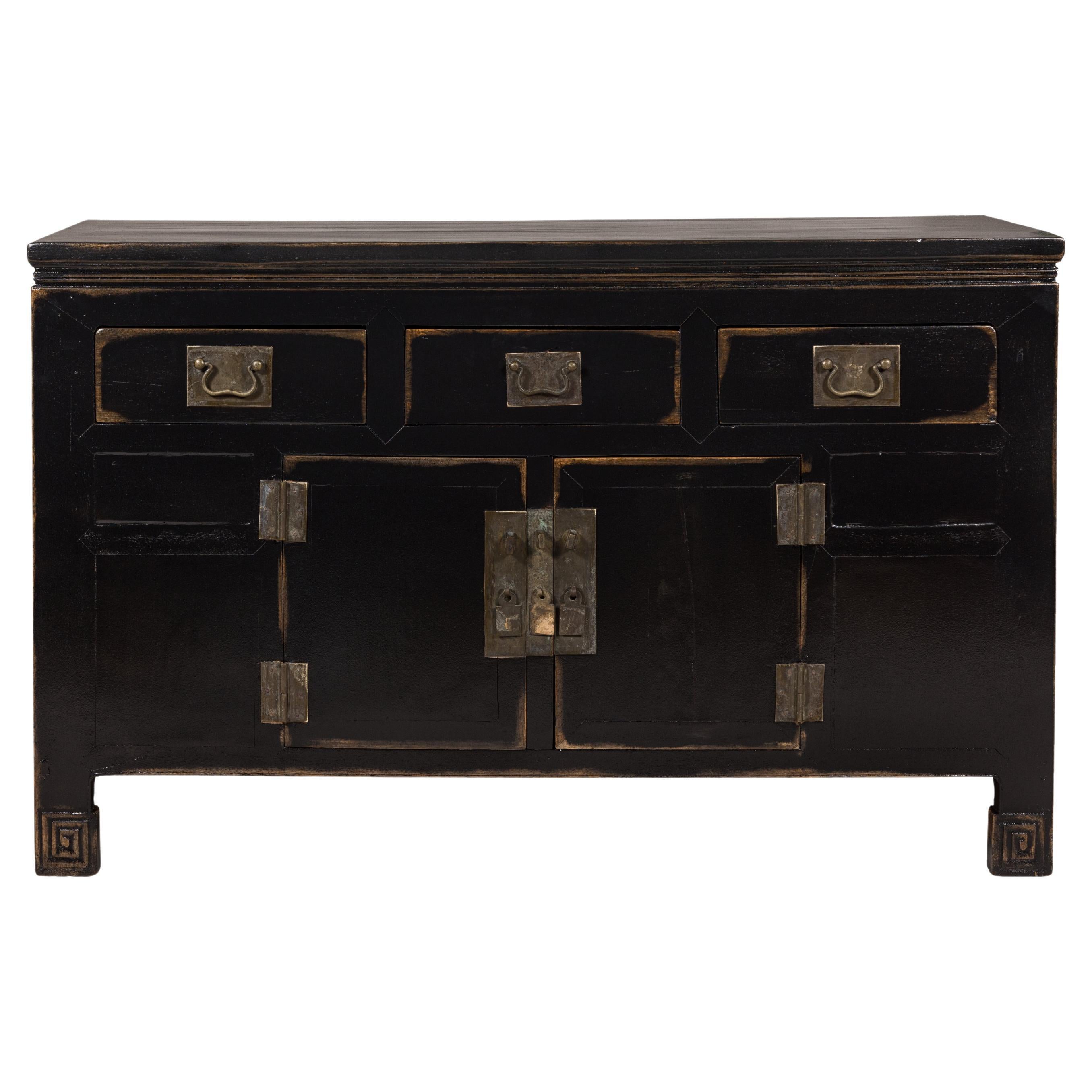 Black Lacquer Sideboard with Rubbed Edges, Brass Hardware, Doors and Drawers For Sale