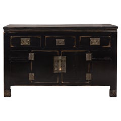 Used Black Lacquer Sideboard with Rubbed Edges, Brass Hardware, Doors and Drawers