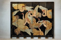 Black Lacquer Six-Panel Screen Divider with Hand-Painted Red-Crested Cranes