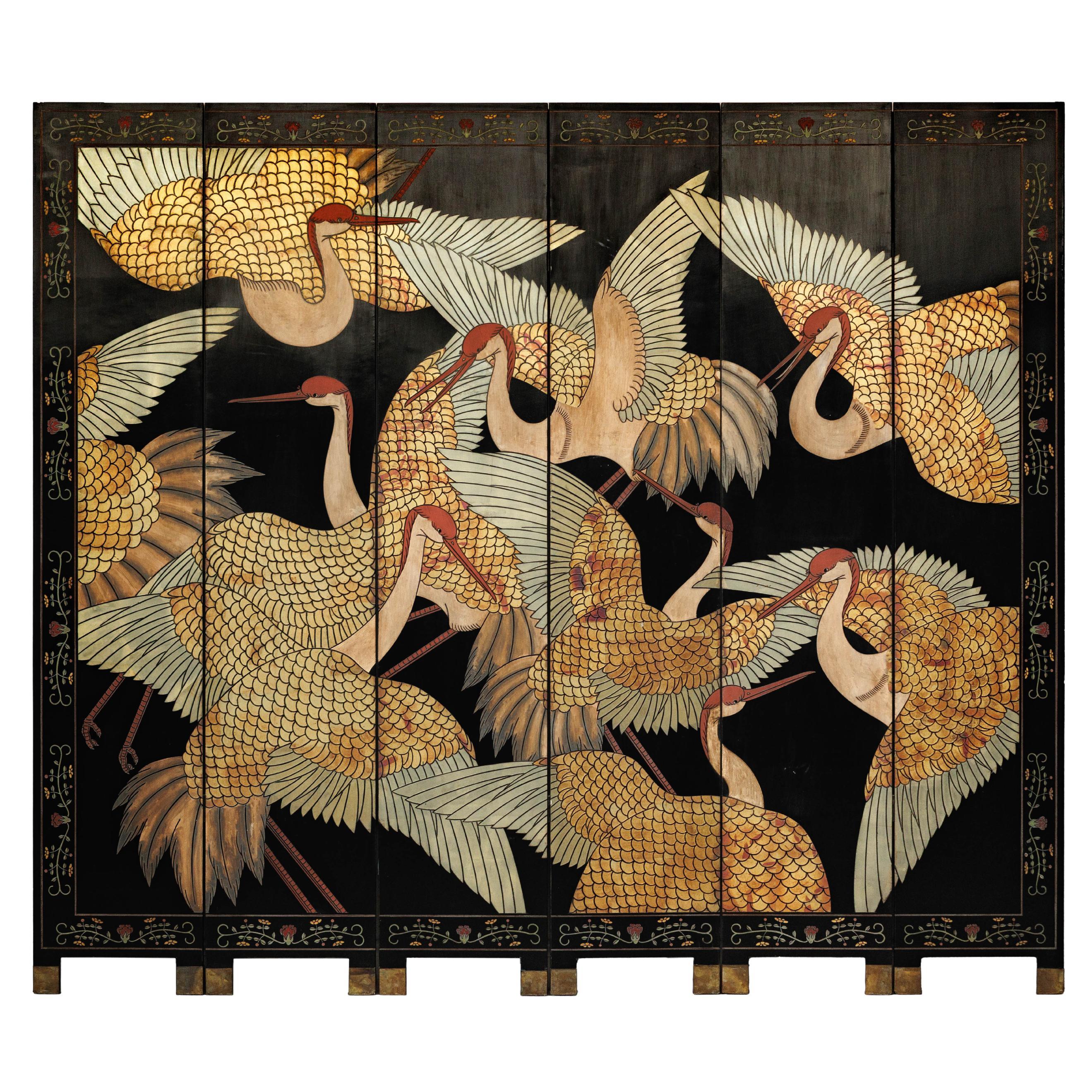 Séparateur d'écran à six panneaux en laque noire avec grues à crête rouge peintes à la main