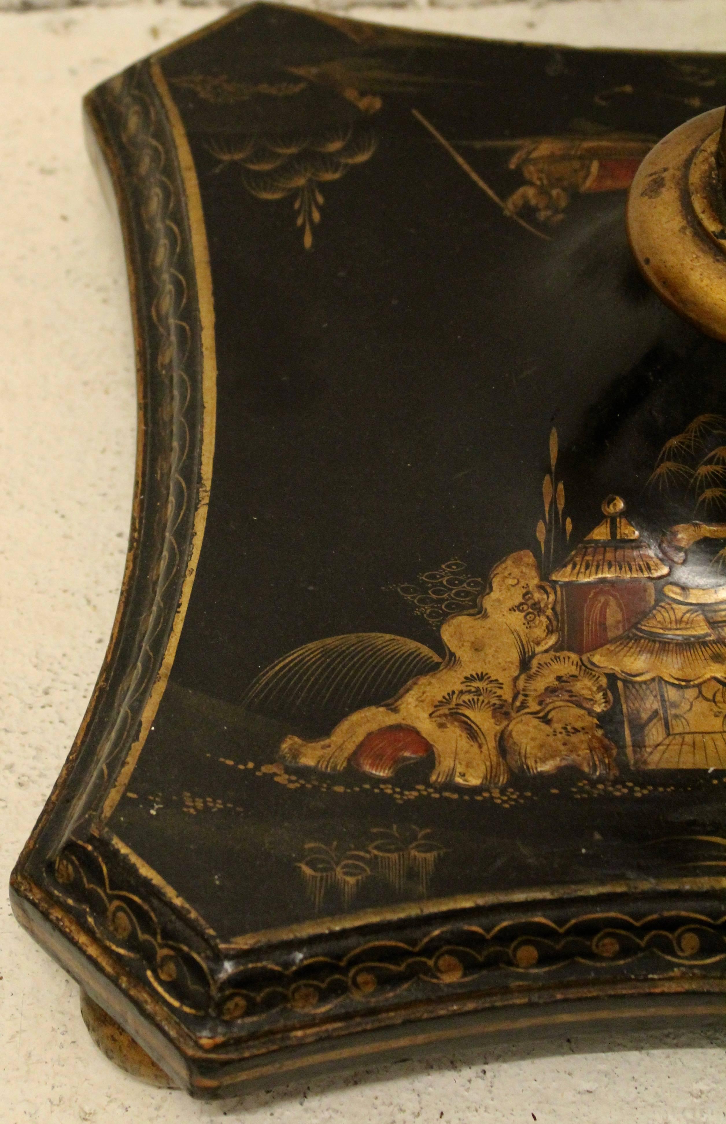 Black Lacquer Standard Lamp with Gilt Chinoiserie Decoration, French, circa 1950 1