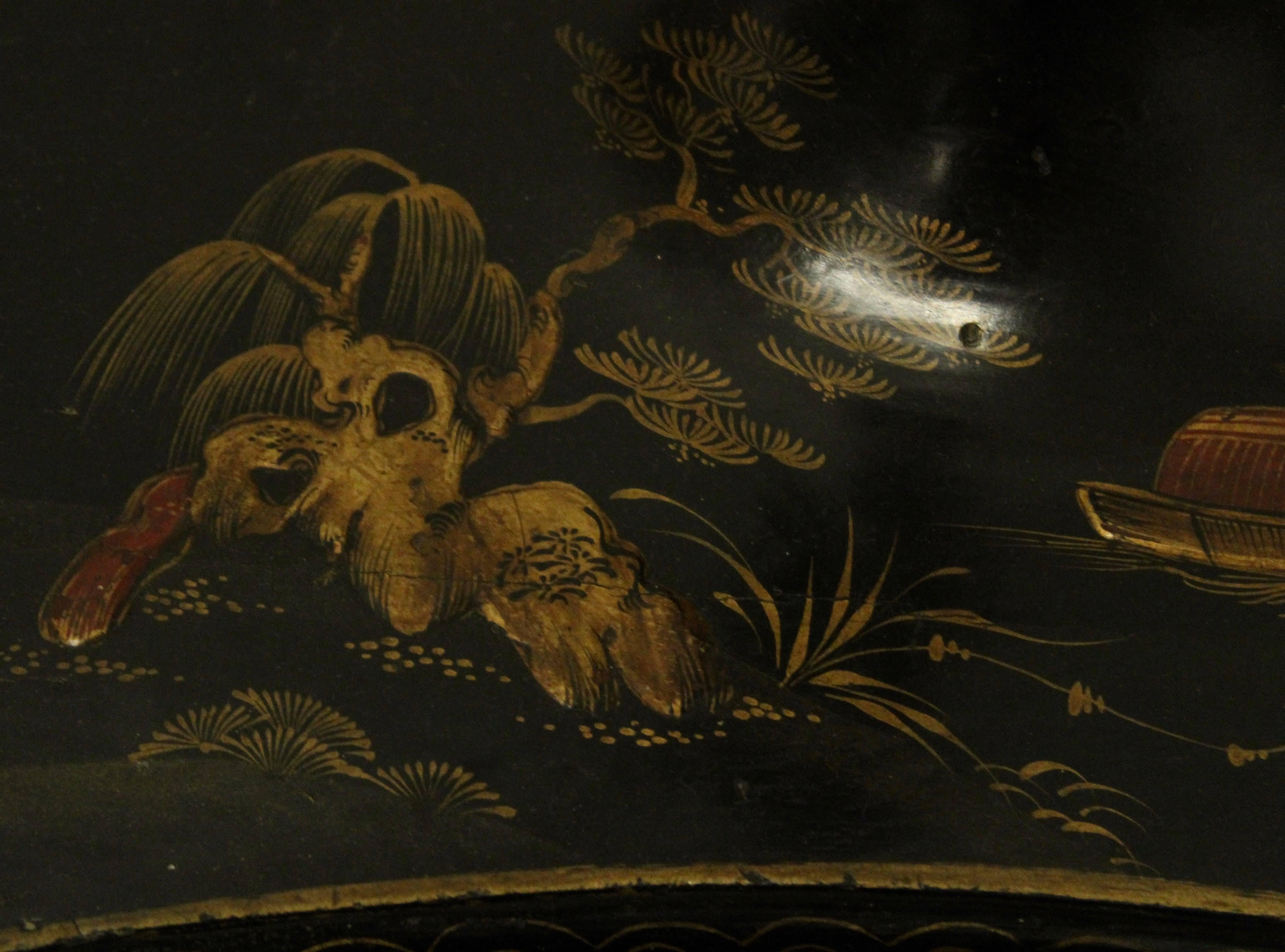 Lampe standard en laque noire avec décoration de chinoiserie dorée, France, vers 1950 1