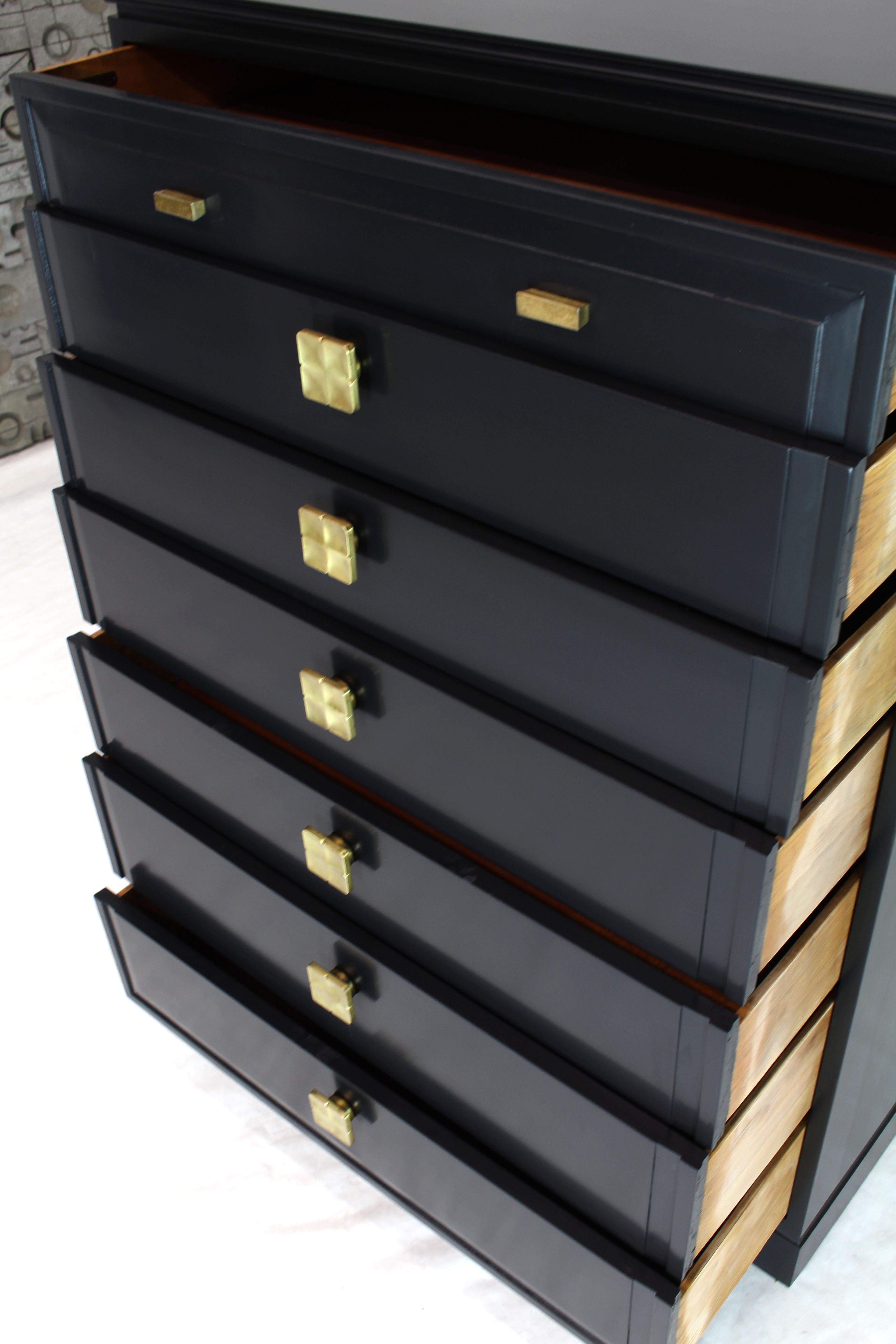 Mid-Century Modern Black Lacquer Tall Decorative Brass Hardware Pulls High Chest Dresser