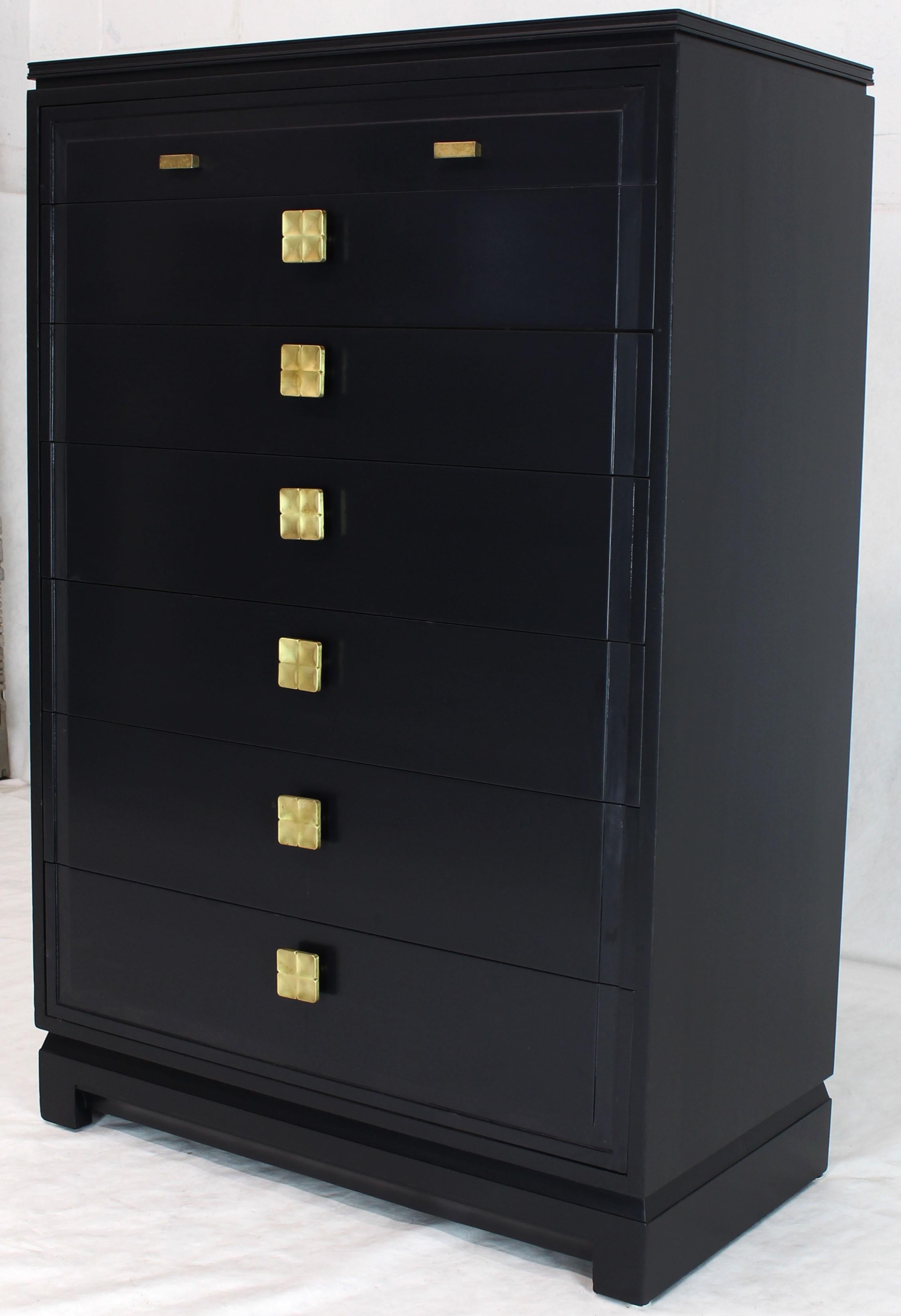 Lacquered Black Lacquer Tall Decorative Brass Hardware Pulls High Chest Dresser