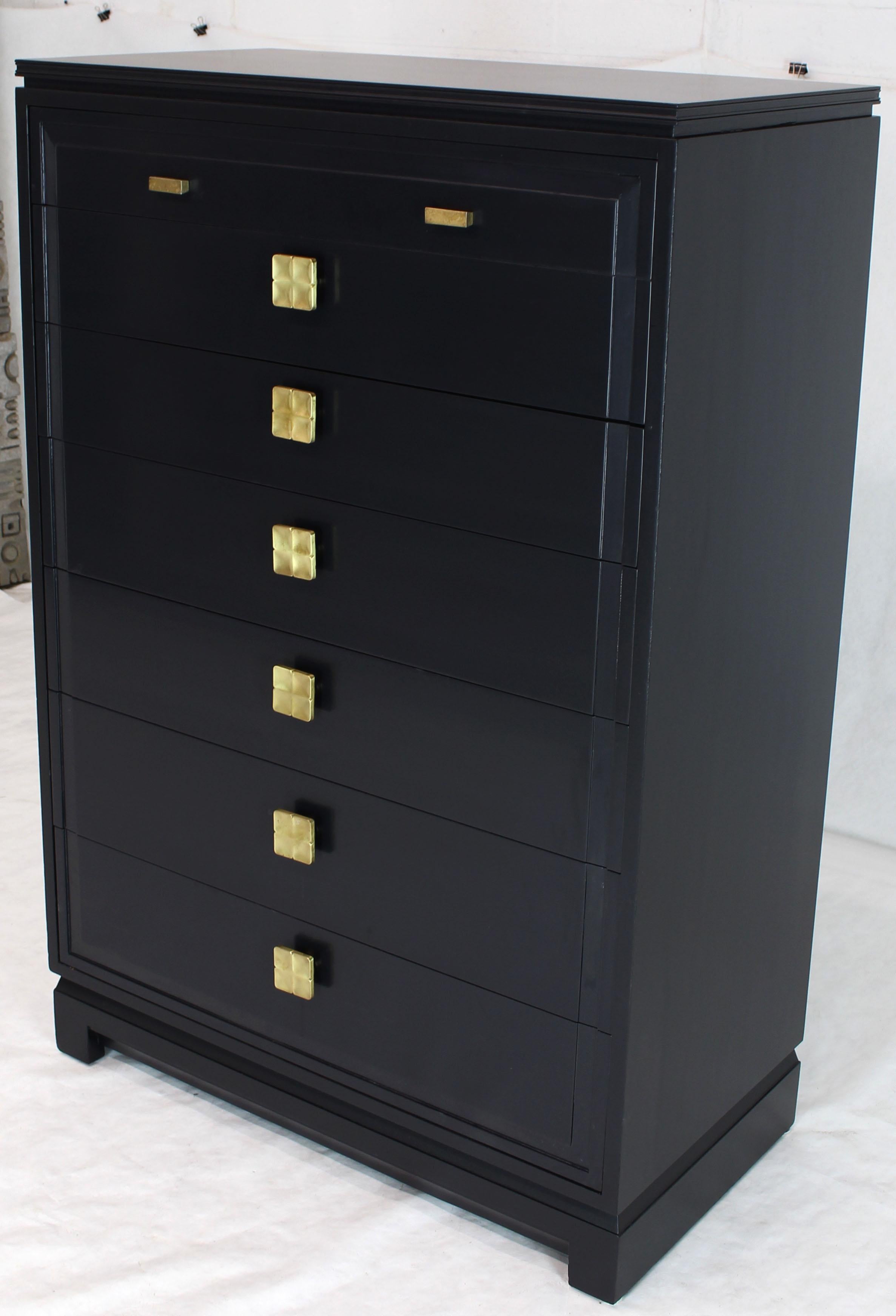 Black Lacquer Tall Decorative Brass Hardware Pulls High Chest Dresser In Excellent Condition In Rockaway, NJ