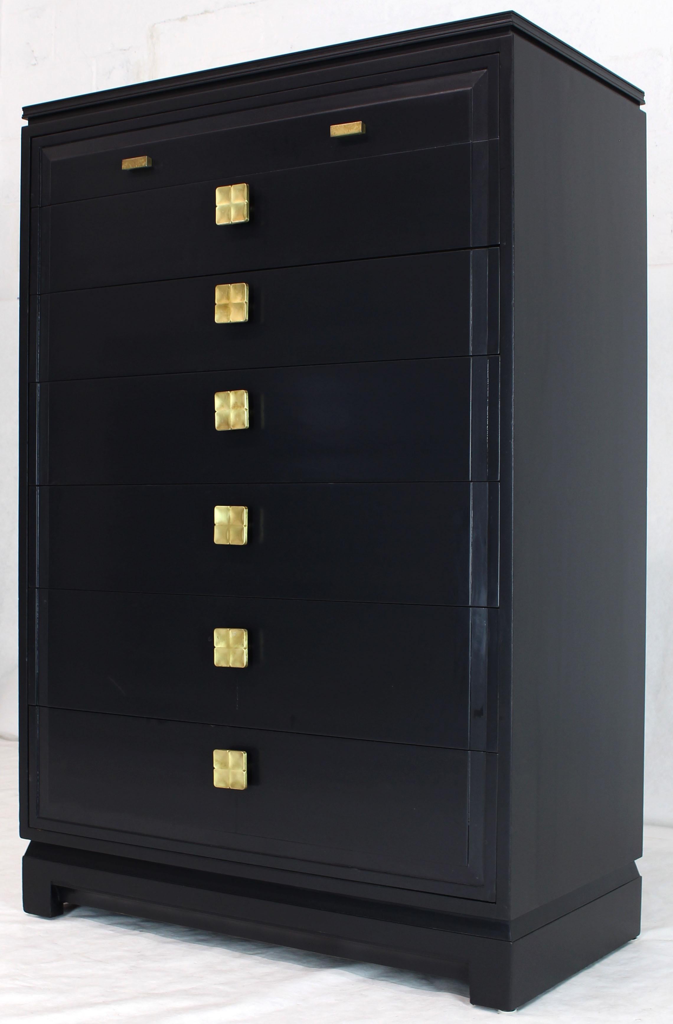 20th Century Black Lacquer Tall Decorative Brass Hardware Pulls High Chest Dresser