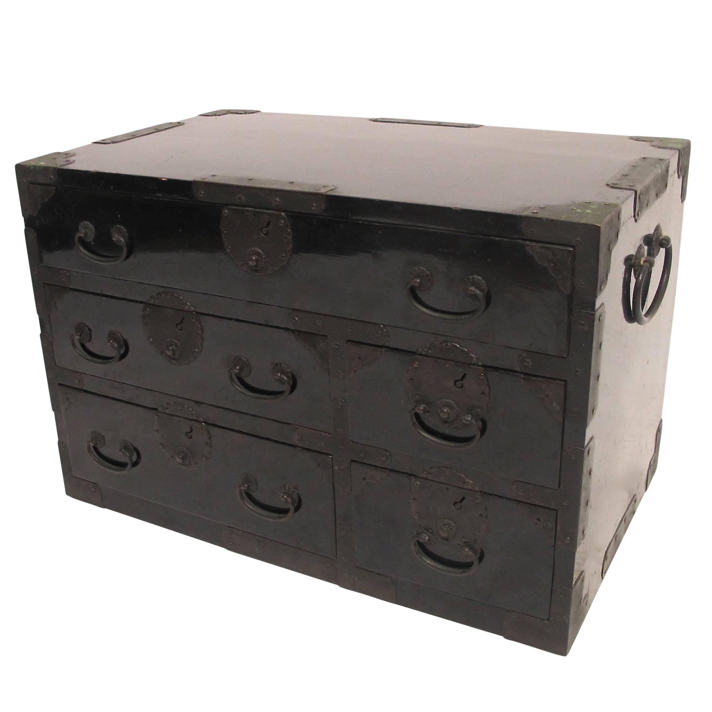 Black Lacquer Tansu Chest Cabinet, Japanese Meiji Period