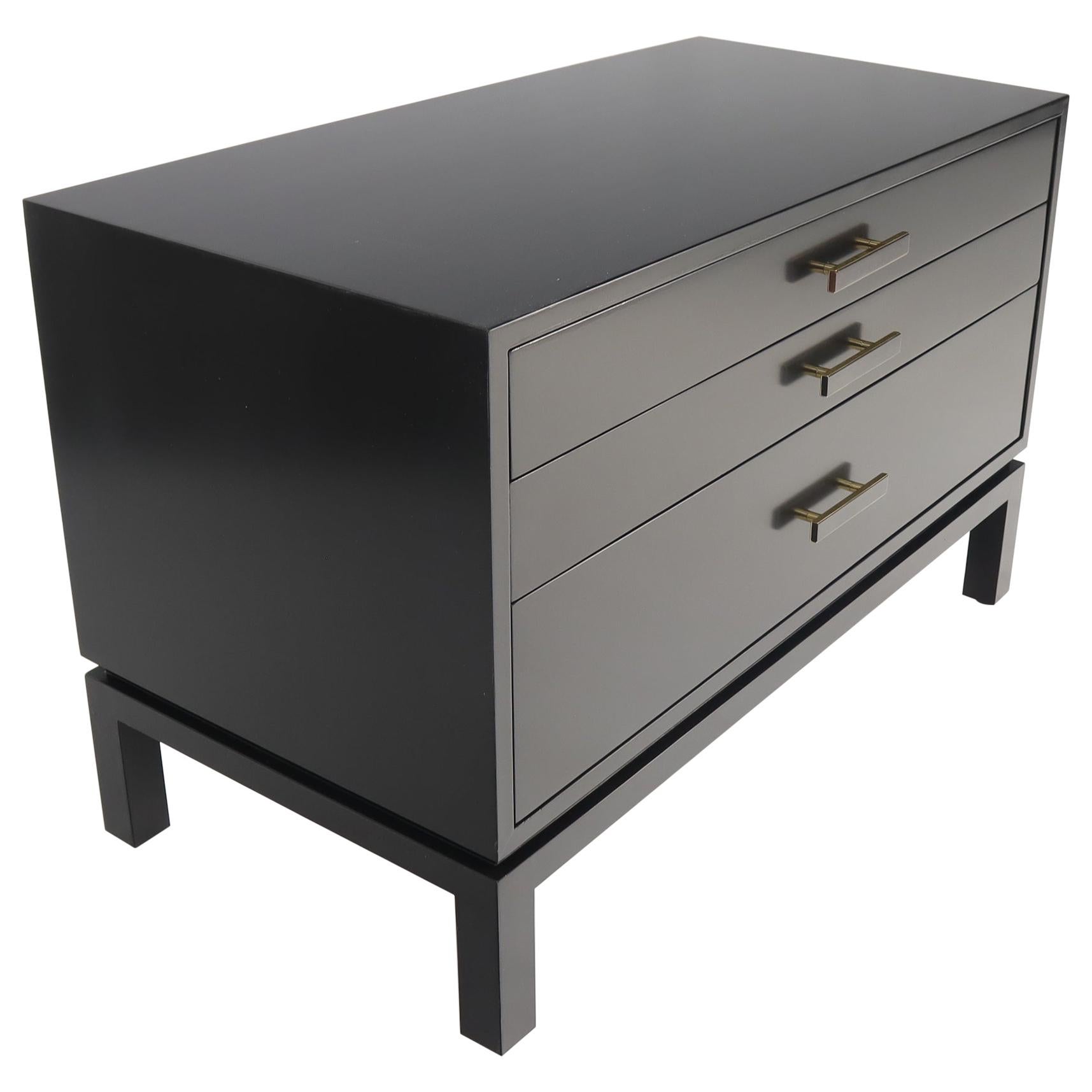 Black Lacquer Three Drawers Brass Pulls Bachelor Chest Nightstand Harvey Probber For Sale